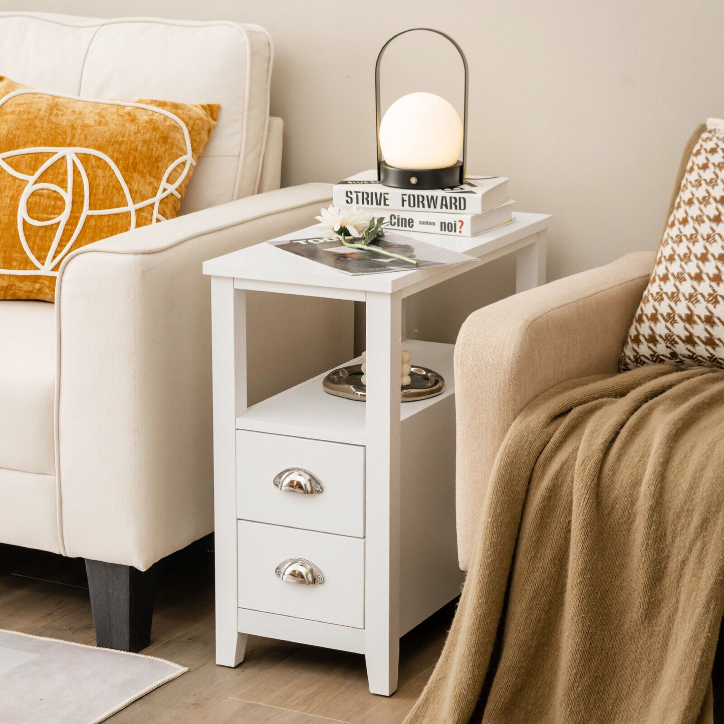 Set of 2 Modern Wooden End Tables with Storage Shelf and Drawers White
