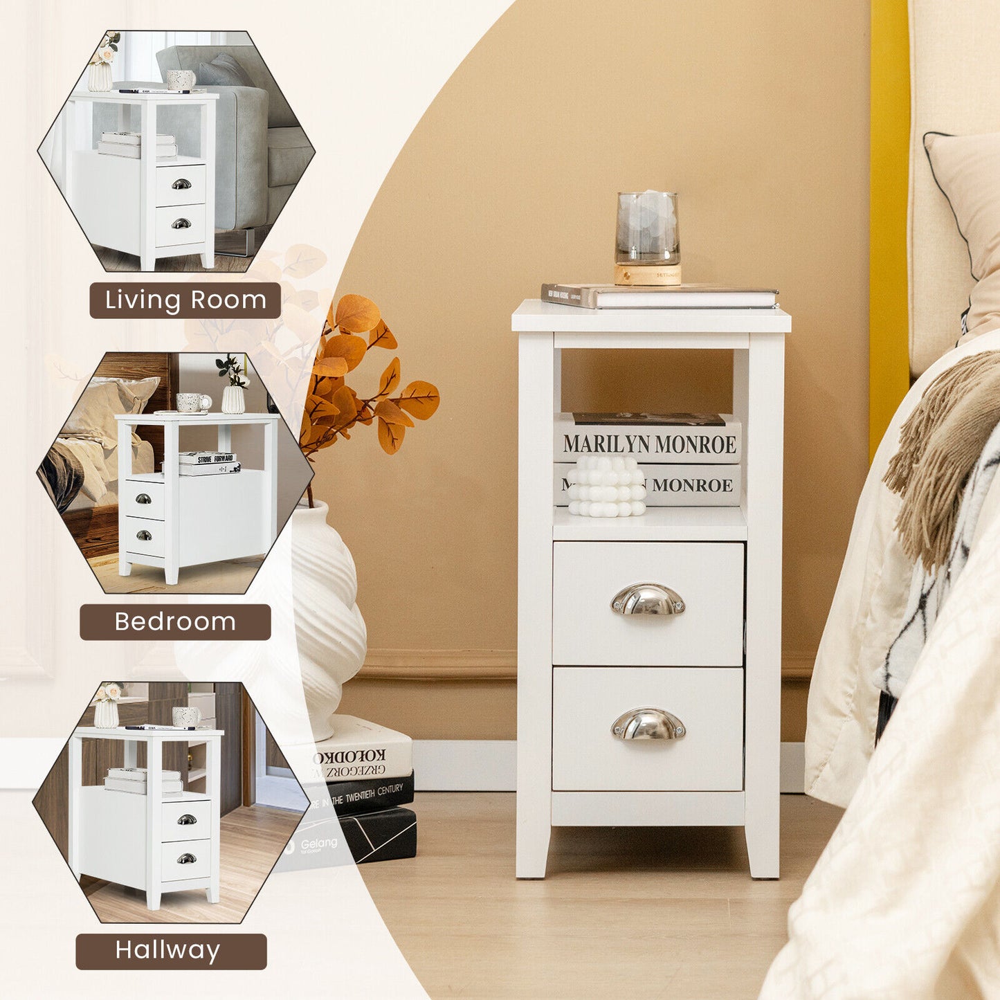 Set of 2 Modern Wooden End Tables with Storage Shelf and Drawers White