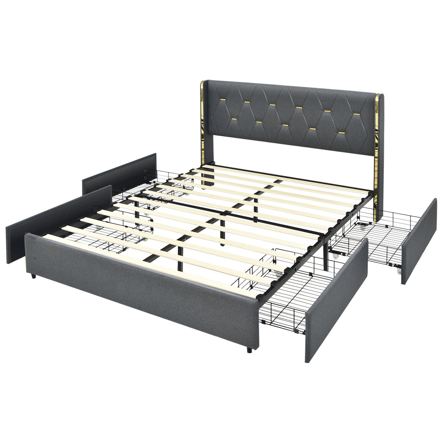 Modern Upholstered Platform Bed Frame with Tufted Headboard & 4 Storage Drawers – Full/Queen Size