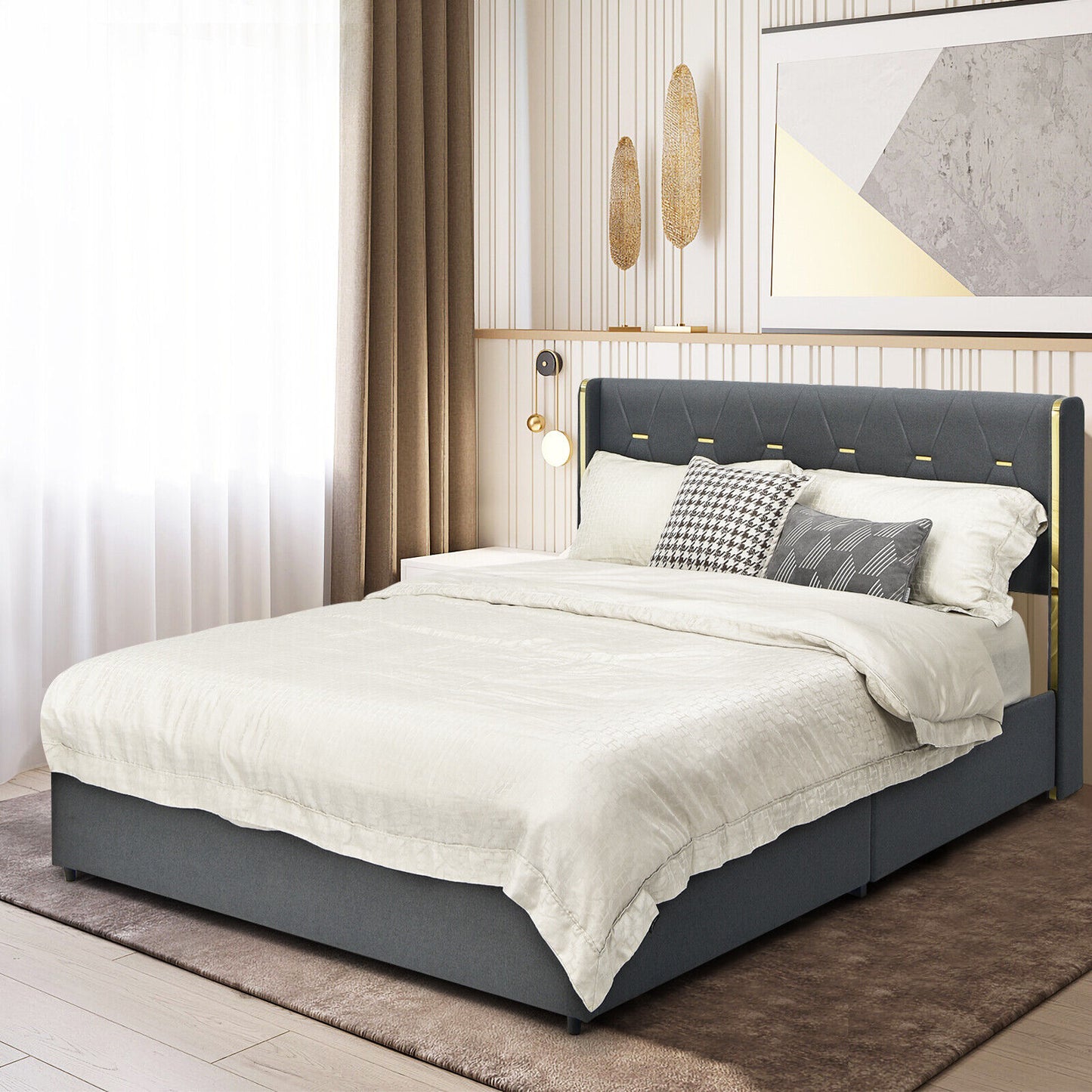 Modern Upholstered Platform Bed Frame with Tufted Headboard & 4 Storage Drawers – Full/Queen Size