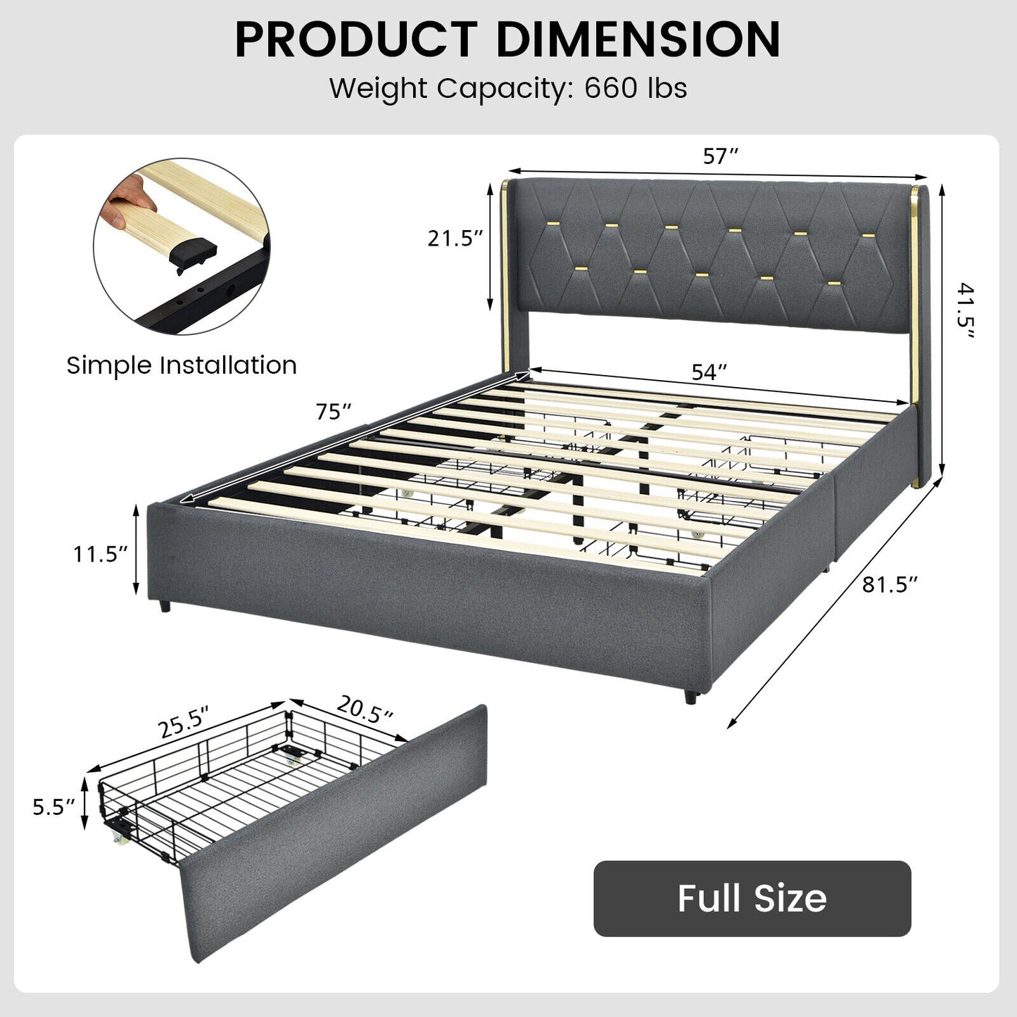 Modern Upholstered Platform Bed Frame with Tufted Headboard & 4 Storage Drawers – Full/Queen Size