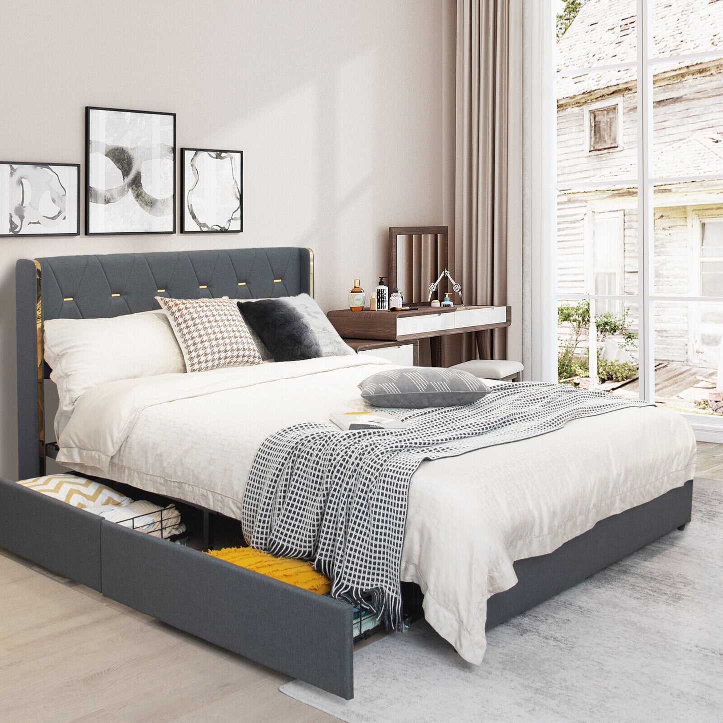 Modern Upholstered Platform Bed Frame with Tufted Headboard & 4 Storage Drawers – Full/Queen Size