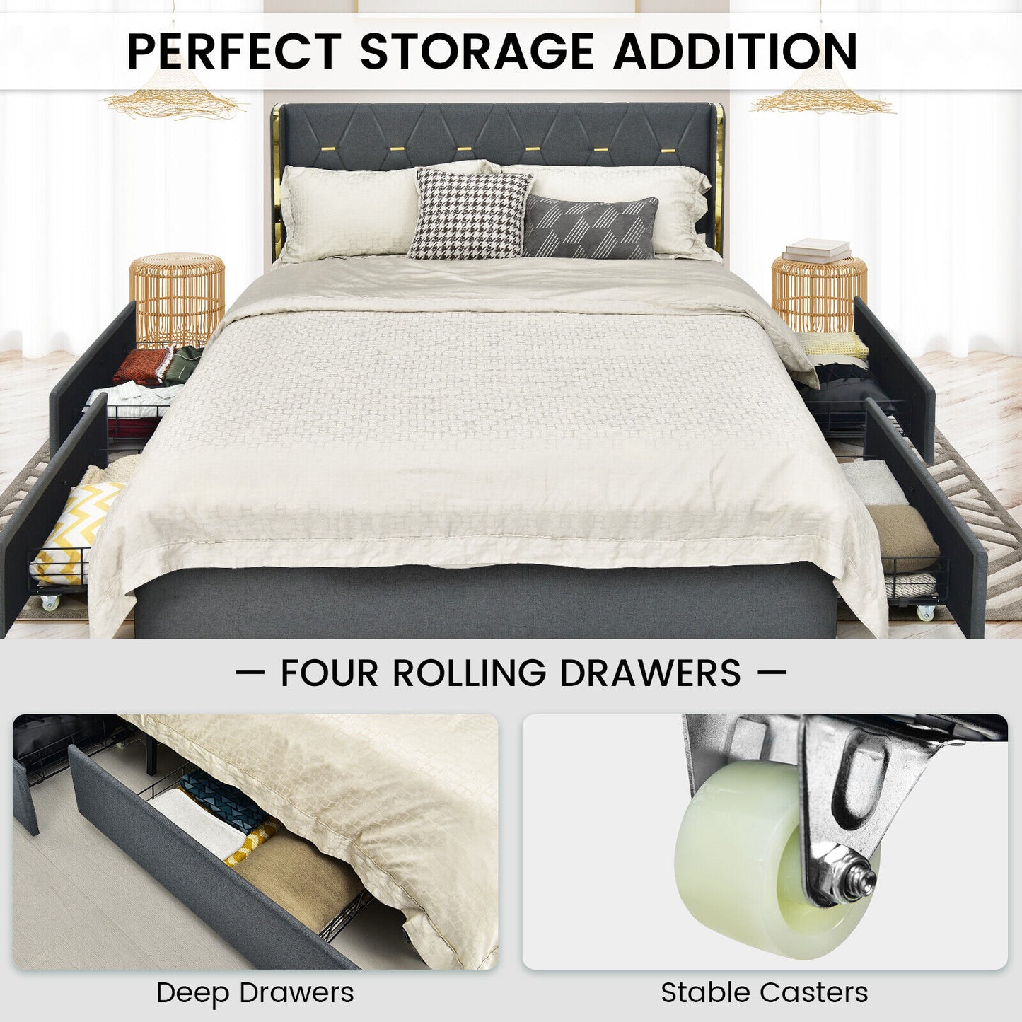 Modern Upholstered Platform Bed Frame with Tufted Headboard & 4 Storage Drawers – Full/Queen Size