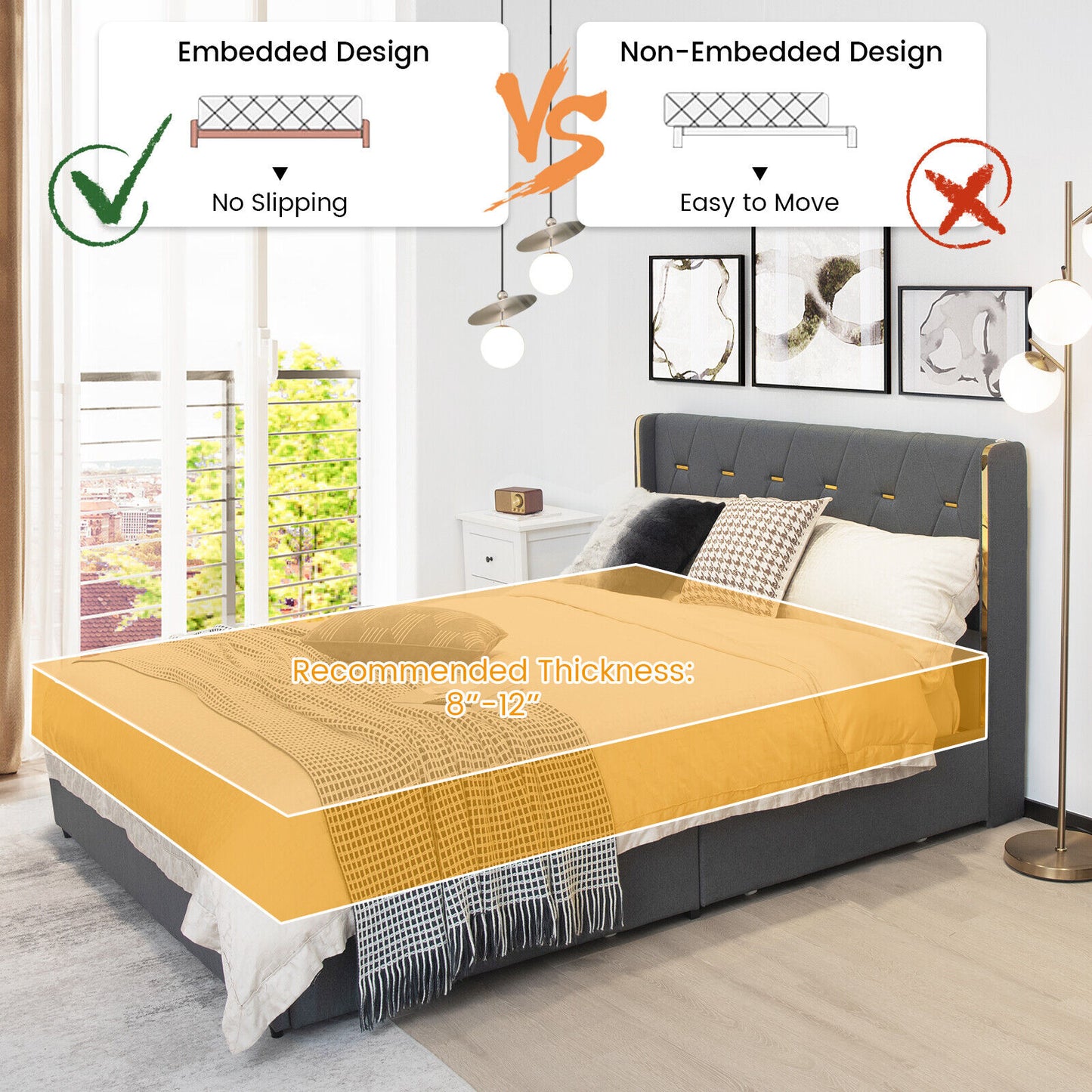 Modern Upholstered Platform Bed Frame with Tufted Headboard & 4 Storage Drawers – Full/Queen Size