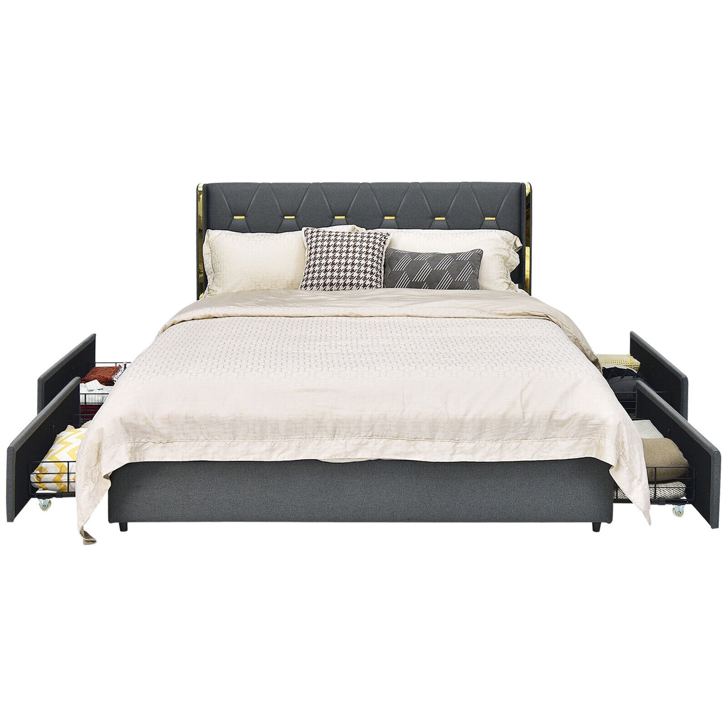 Modern Upholstered Platform Bed Frame with Tufted Headboard & 4 Storage Drawers – Full/Queen Size