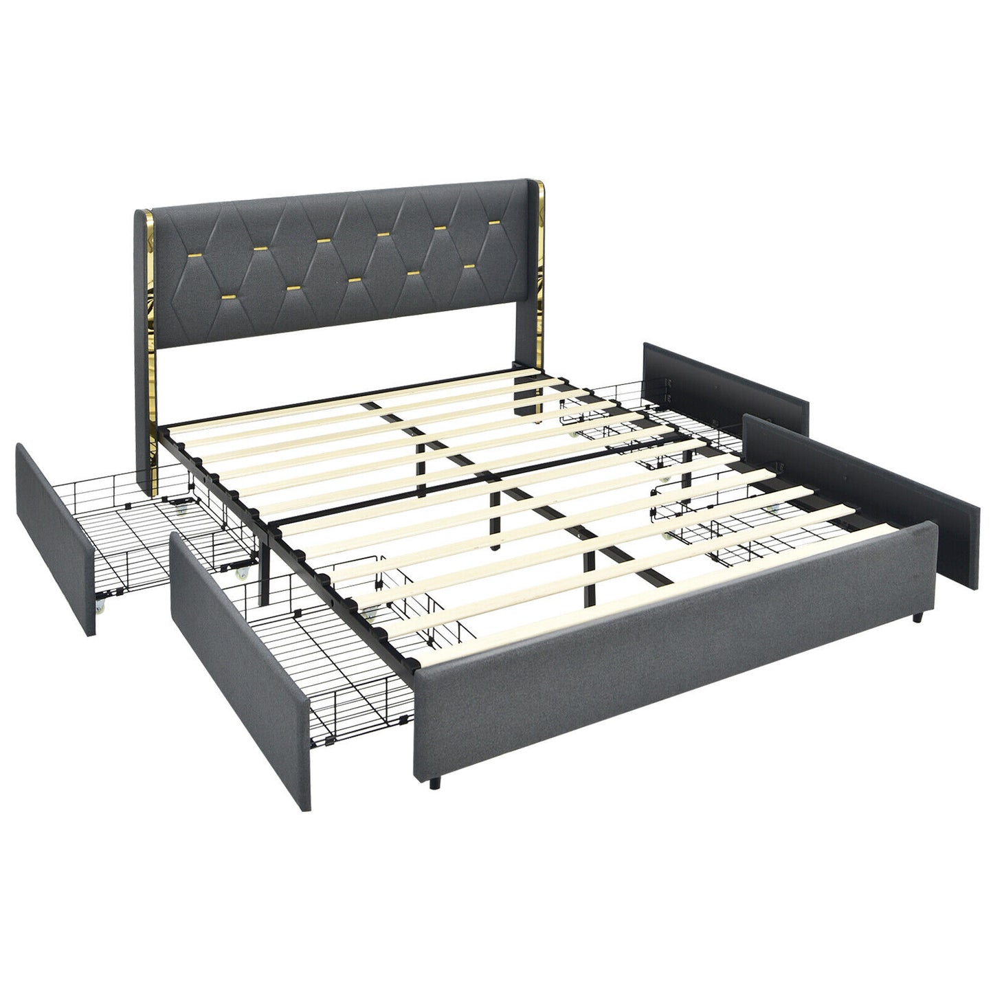 Modern Upholstered Platform Bed Frame with Tufted Headboard & 4 Storage Drawers – Full/Queen Size