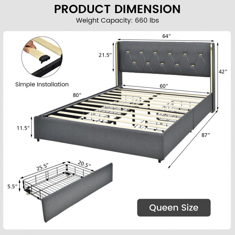 Modern Upholstered Platform Bed Frame with Tufted Headboard & 4 Storage Drawers – Full/Queen Size