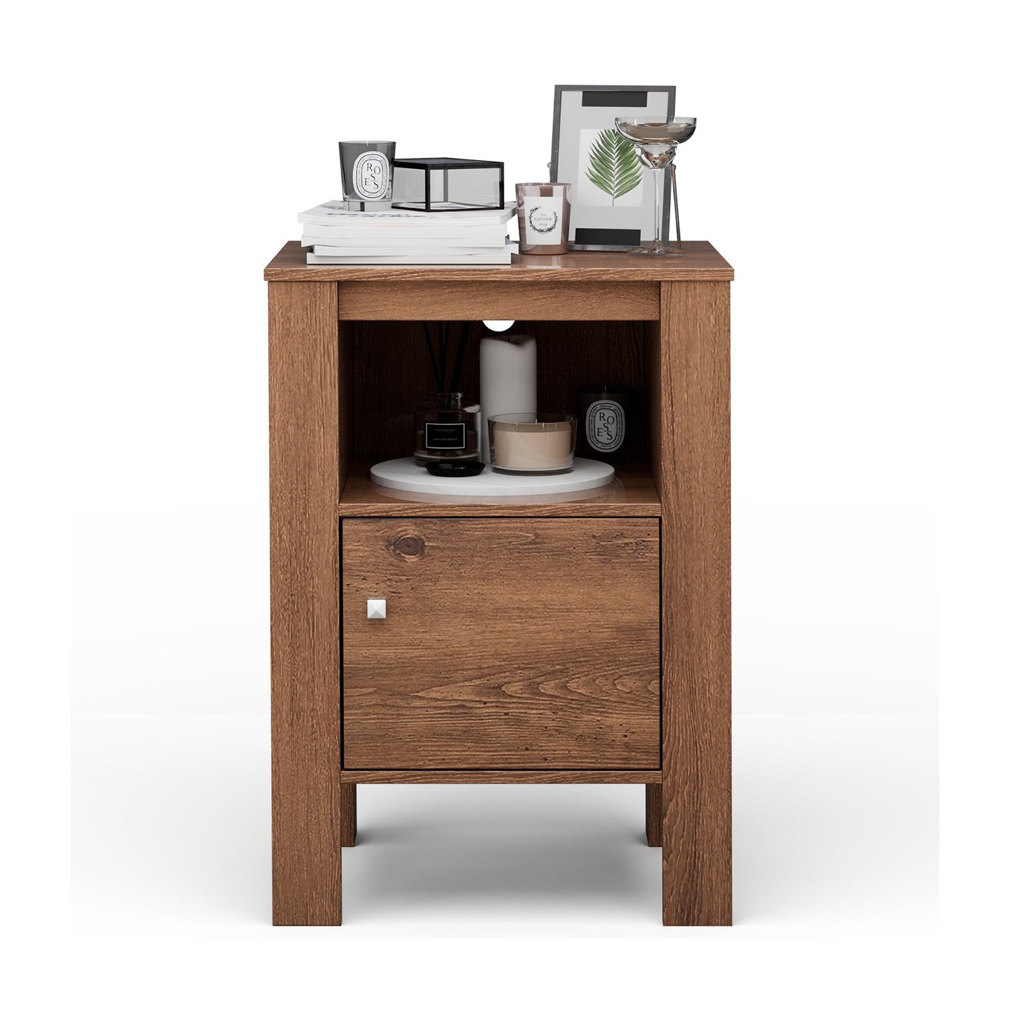 Space Saving Farmhouse Style Nightstand with Storage Cabinet and Shelf - Rustic Brown
