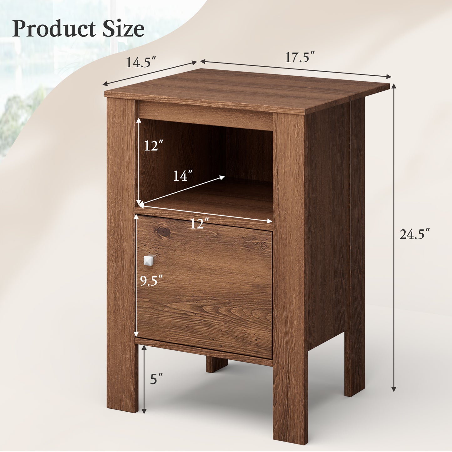 Space Saving Farmhouse Style Nightstand with Storage Cabinet and Shelf - Rustic Brown