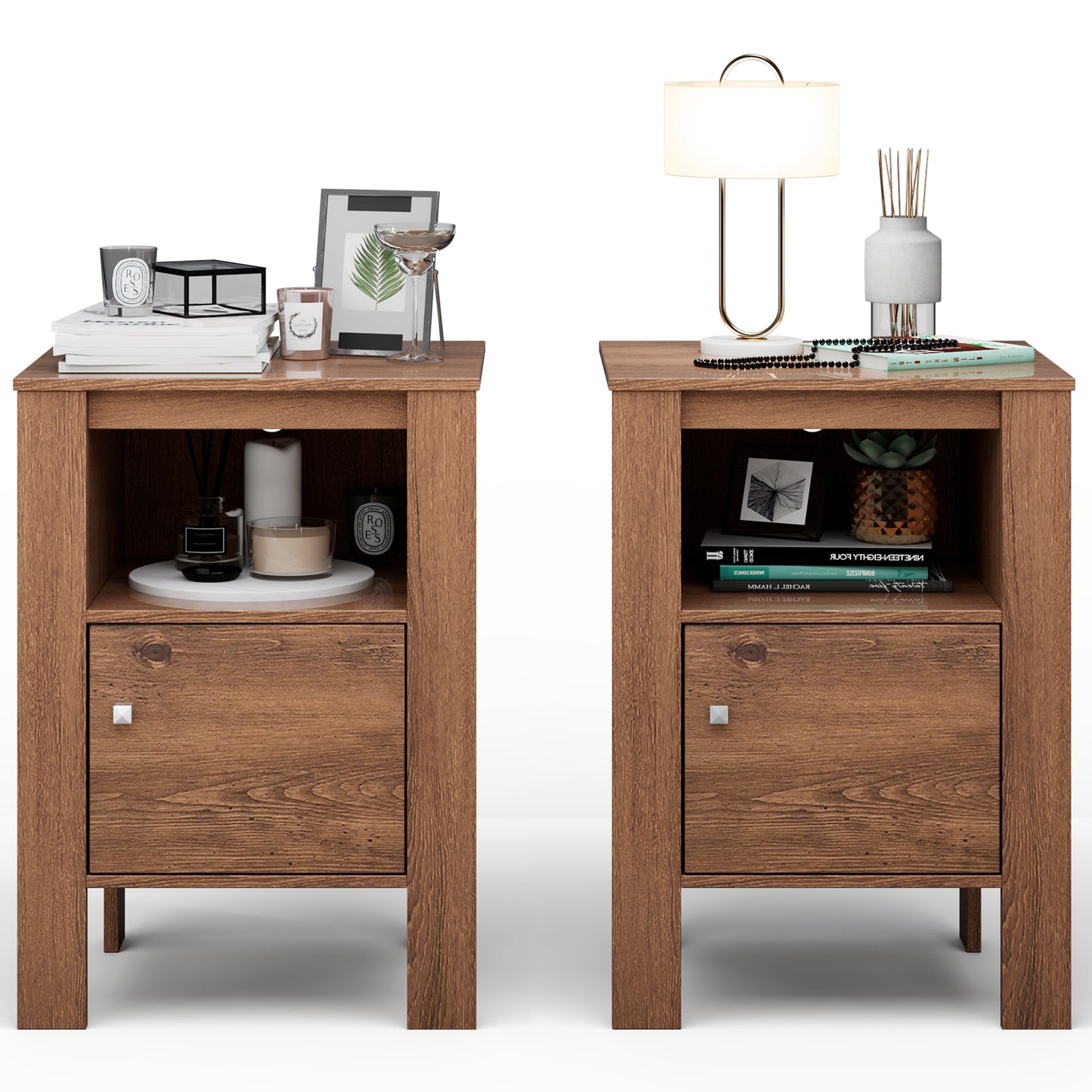 Space Saving Farmhouse Style Nightstand with Storage Cabinet and Shelf - Rustic Brown