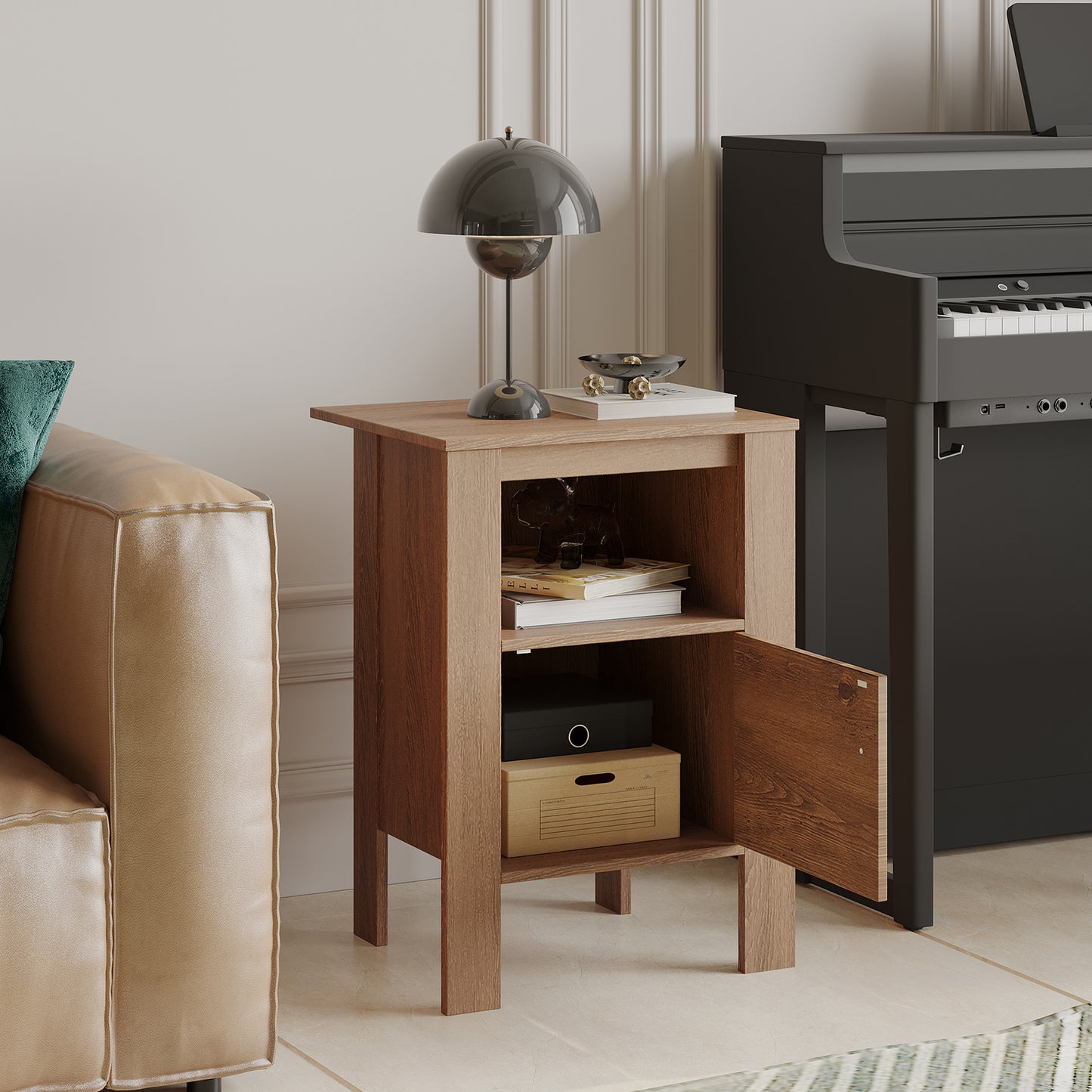 Space Saving Farmhouse Style Nightstand with Storage Cabinet and Shelf - Rustic Brown