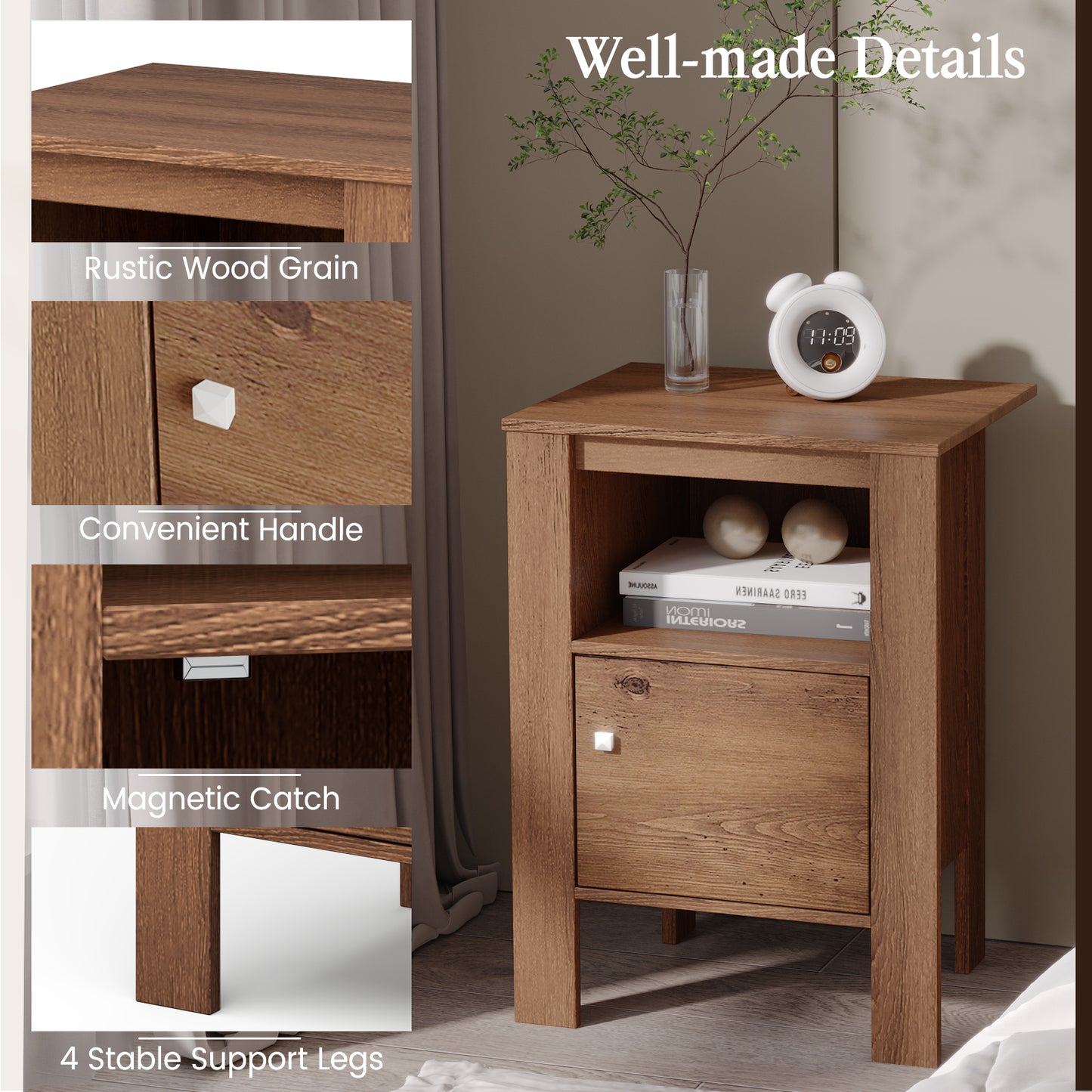 Space Saving Farmhouse Style Nightstand with Storage Cabinet and Shelf - Rustic Brown