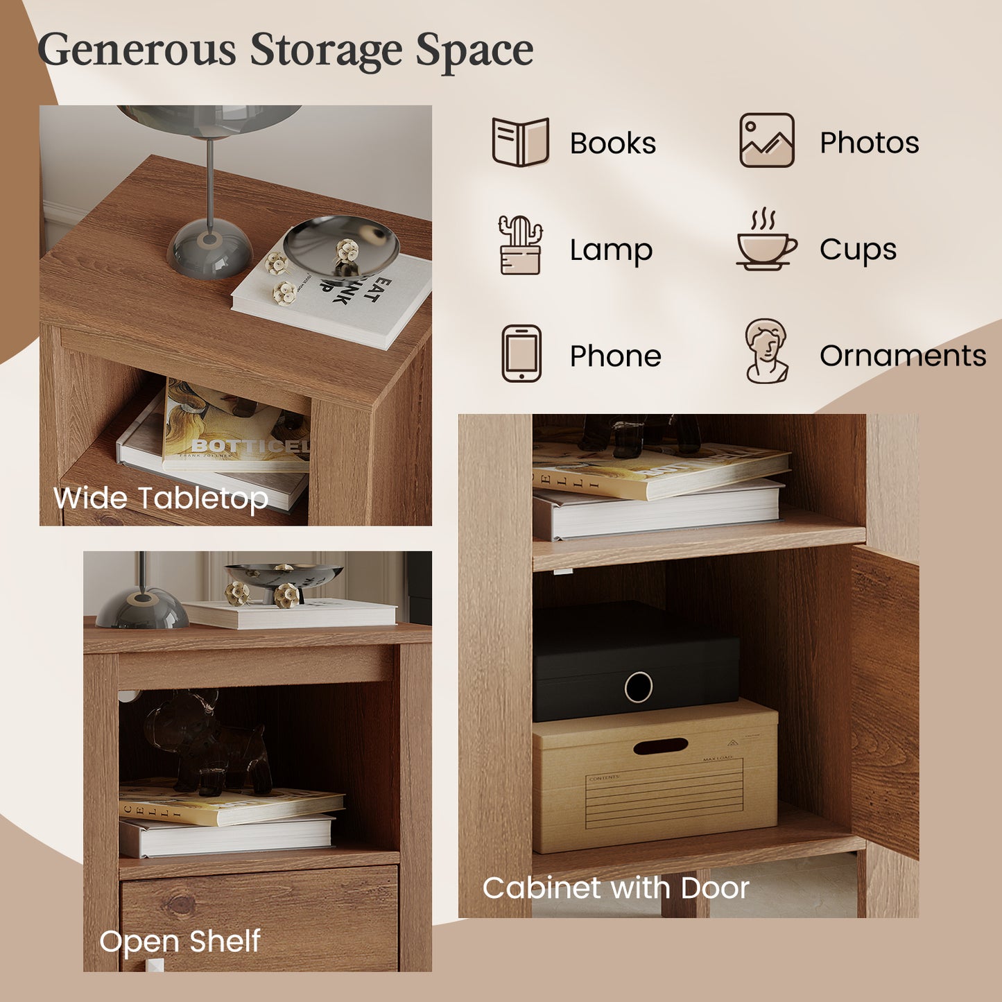 Space Saving Farmhouse Style Nightstand with Storage Cabinet and Shelf - Rustic Brown