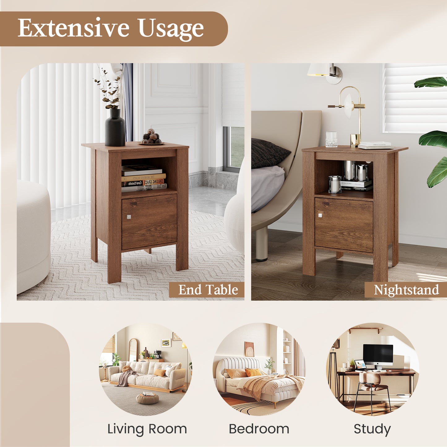 Space Saving Farmhouse Style Nightstand with Storage Cabinet and Shelf - Rustic Brown