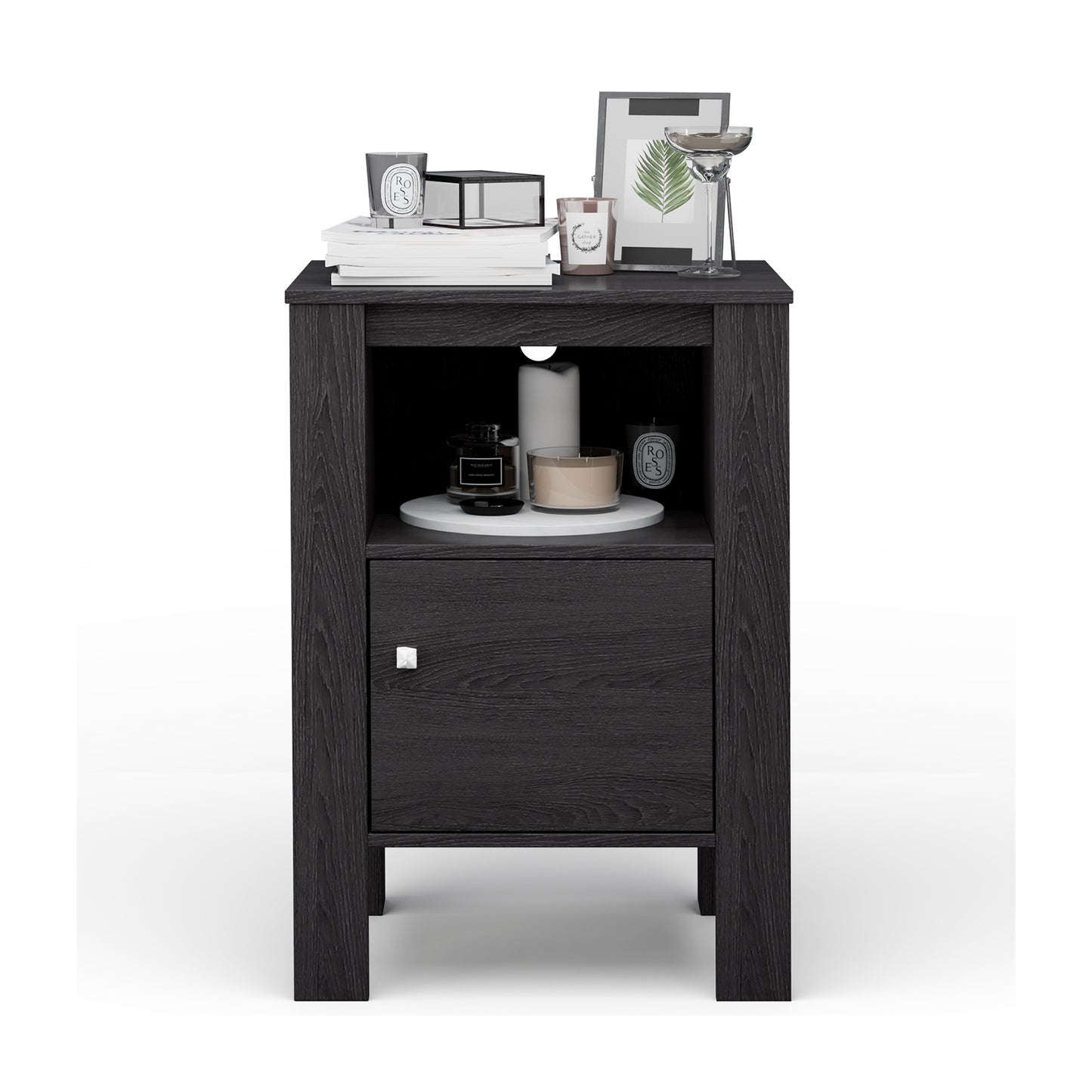 Space Saving Farmhouse Style Nightstand with Storage Cabinet and Shelf - Dark Grey