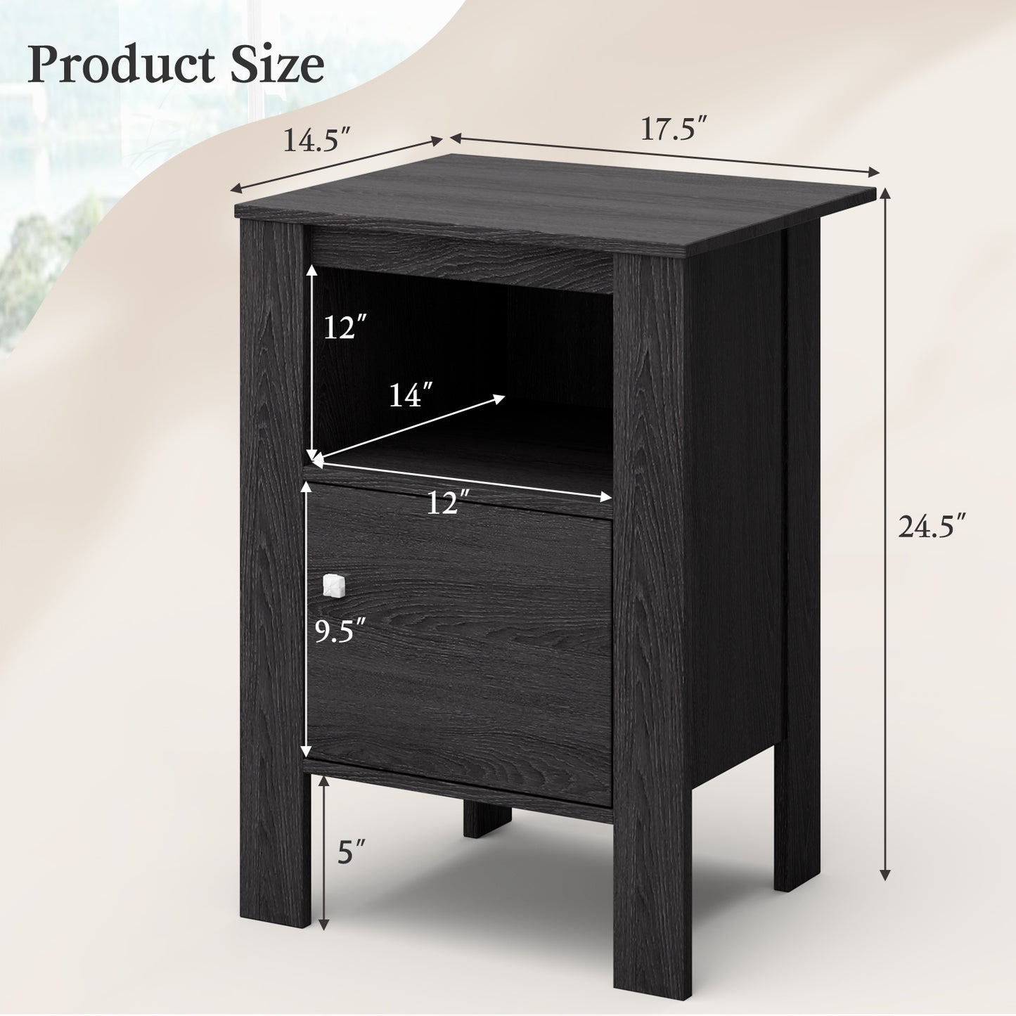 Space Saving Farmhouse Style Nightstand with Storage Cabinet and Shelf - Dark Grey