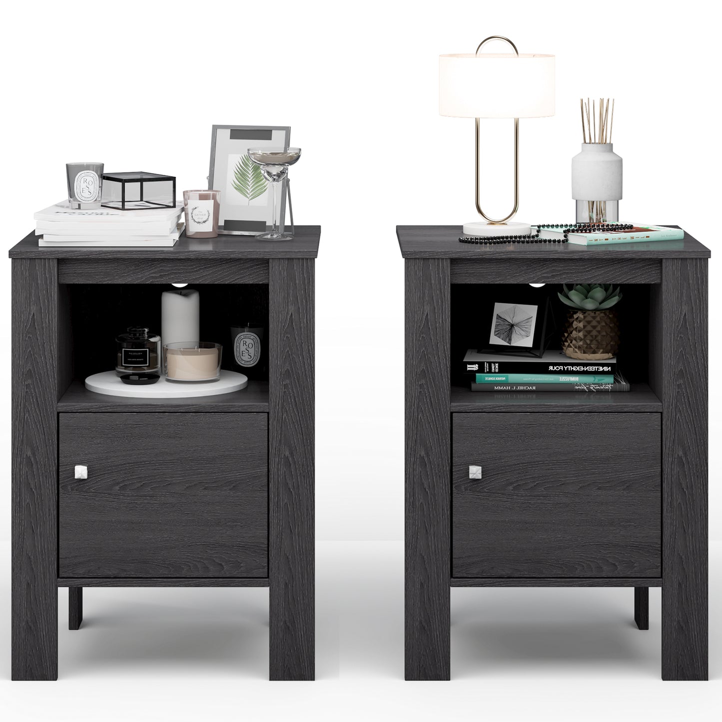 Space Saving Farmhouse Style Nightstand with Storage Cabinet and Shelf - Dark Grey