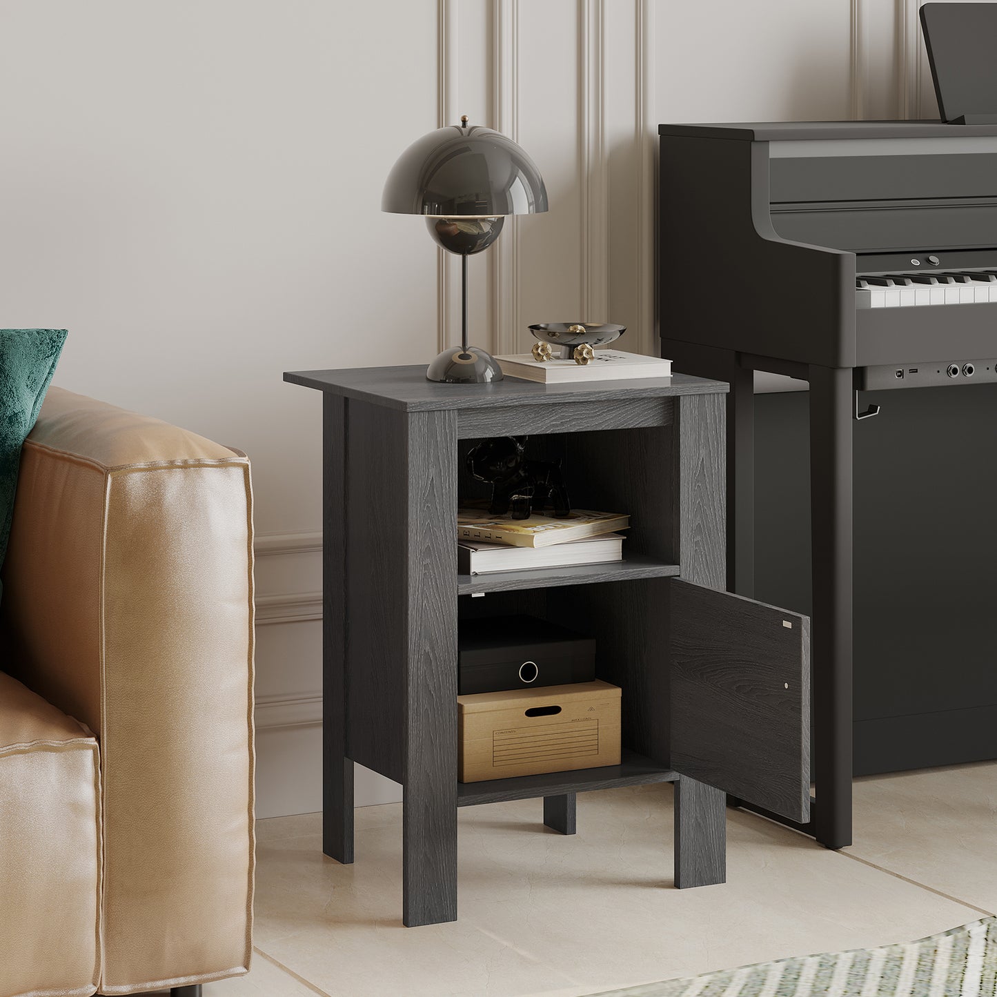 Space Saving Farmhouse Style Nightstand with Storage Cabinet and Shelf - Dark Grey