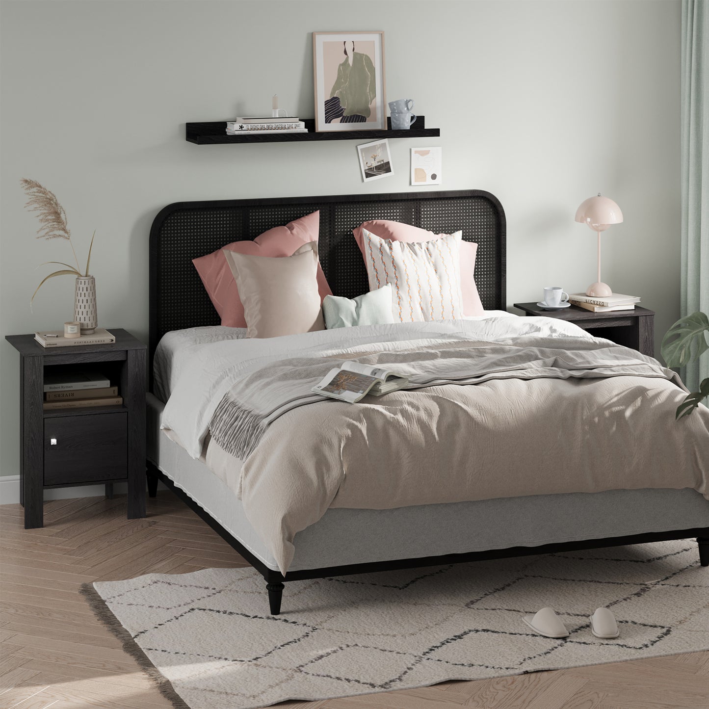 Space Saving Farmhouse Style Nightstand with Storage Cabinet and Shelf - Dark Grey