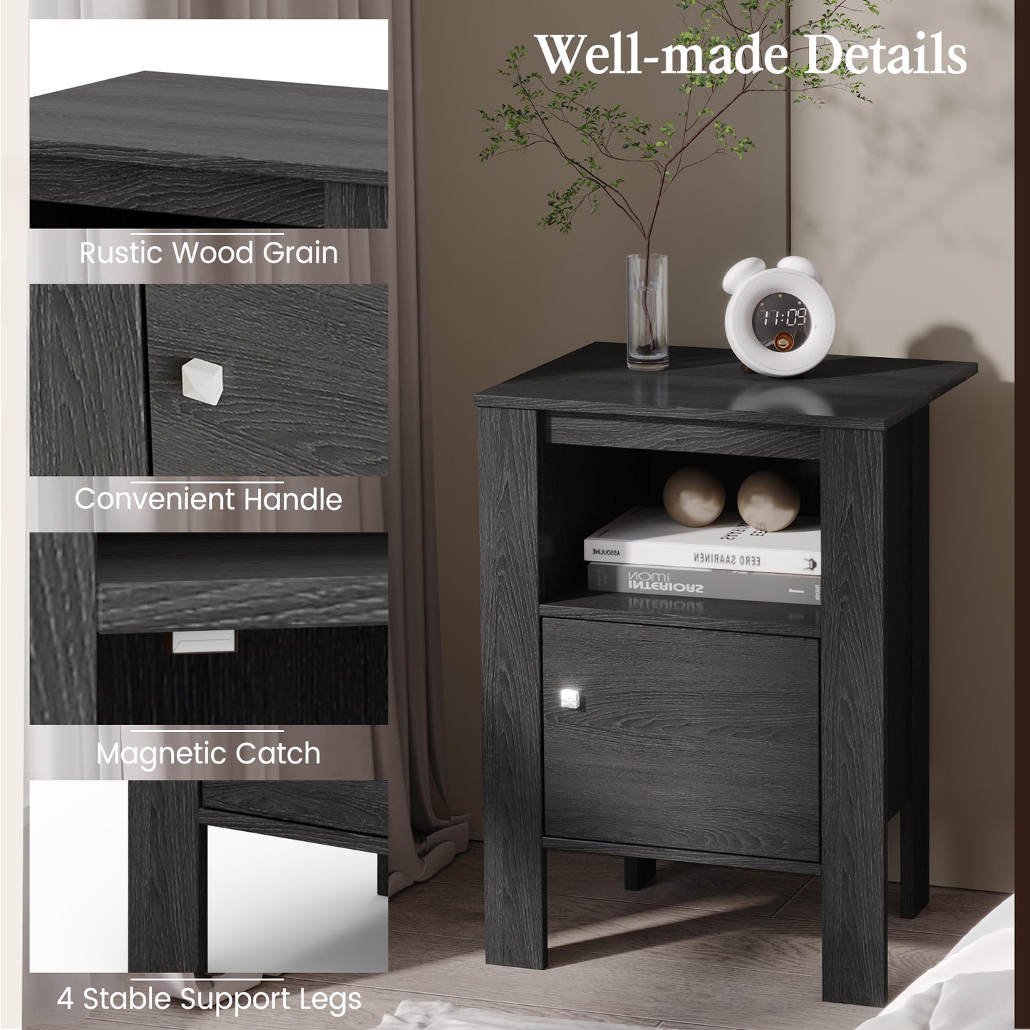 Space Saving Farmhouse Style Nightstand with Storage Cabinet and Shelf - Dark Grey