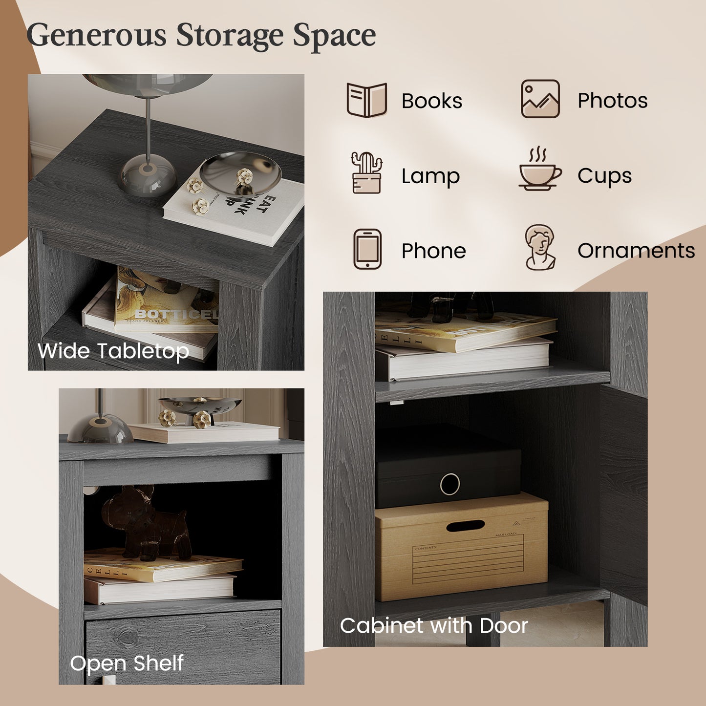 Space Saving Farmhouse Style Nightstand with Storage Cabinet and Shelf - Dark Grey