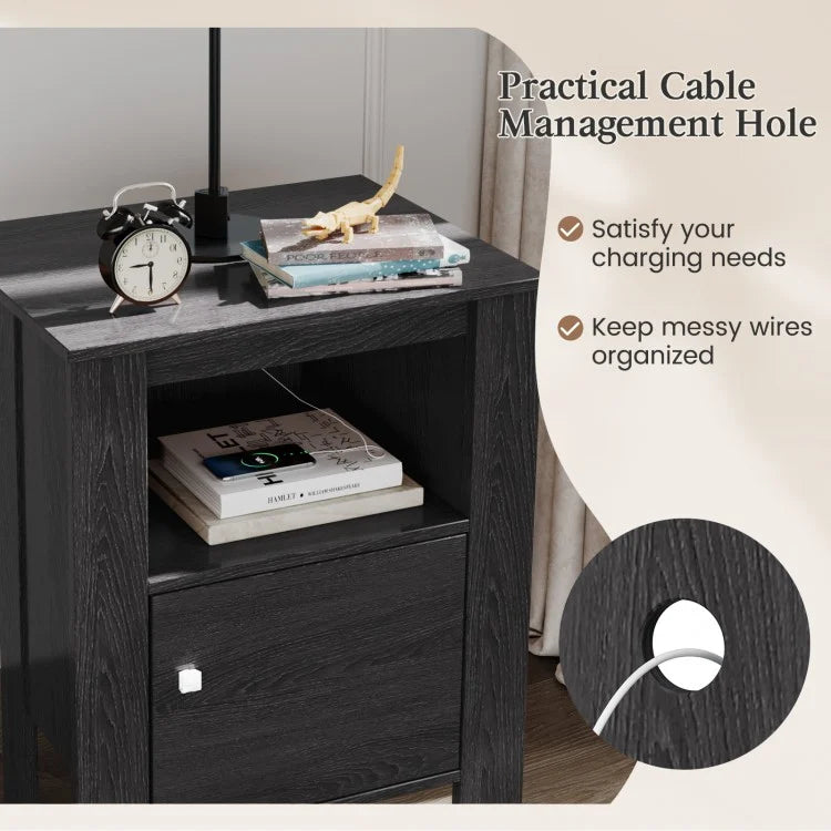Space Saving Farmhouse Style Nightstand with Storage Cabinet and Shelf - Dark Grey
