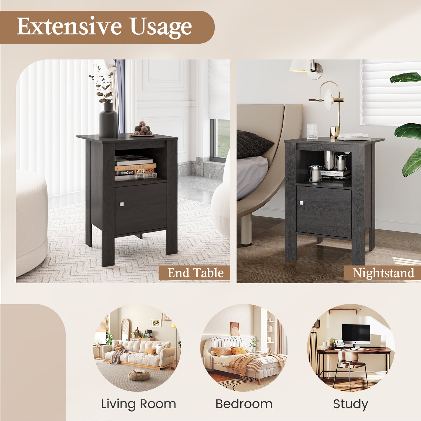 Space Saving Farmhouse Style Nightstand with Storage Cabinet and Shelf - Dark Grey