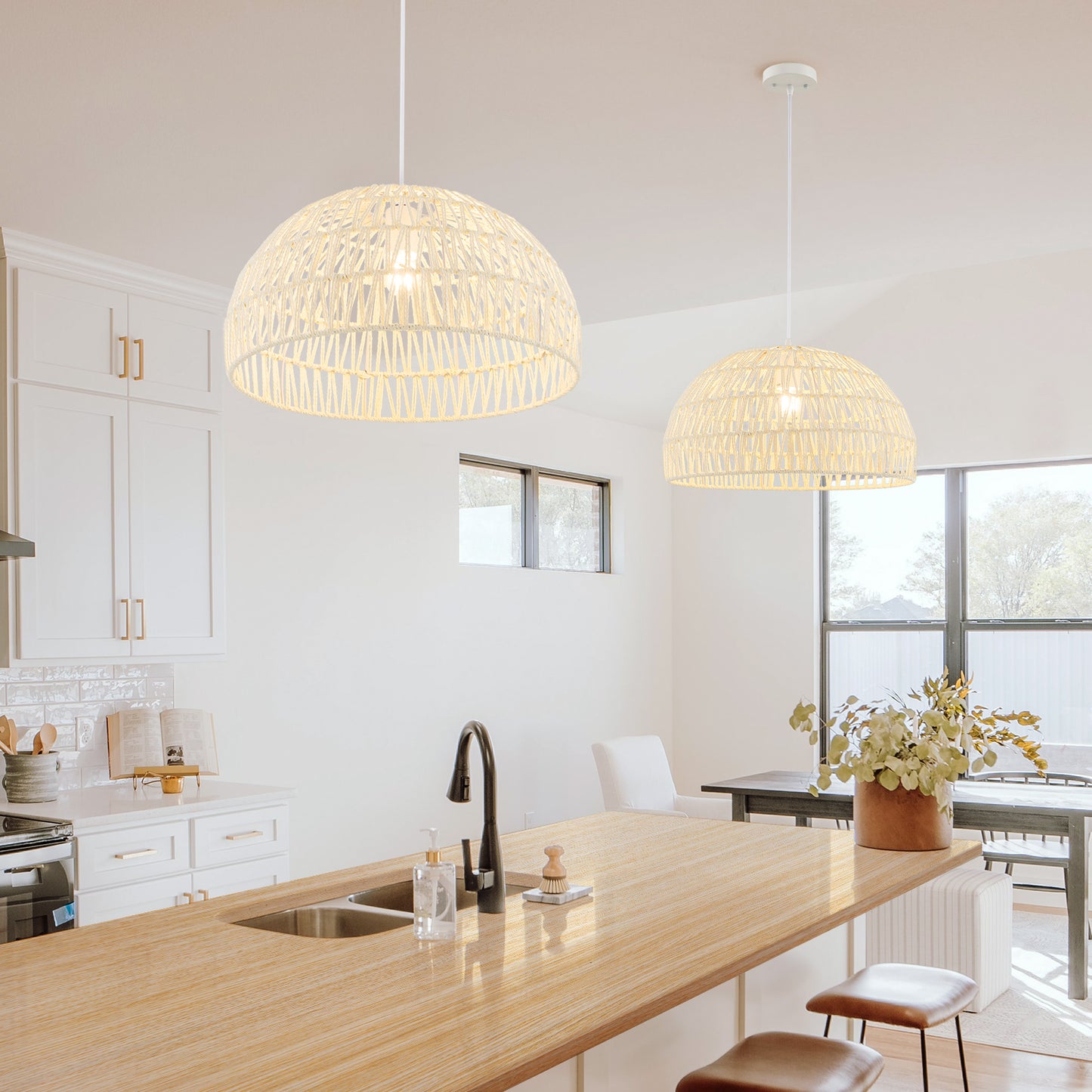Stylish Farmhouse Rattan Pendant Light with Adjustable Rope for Versatile Spaces