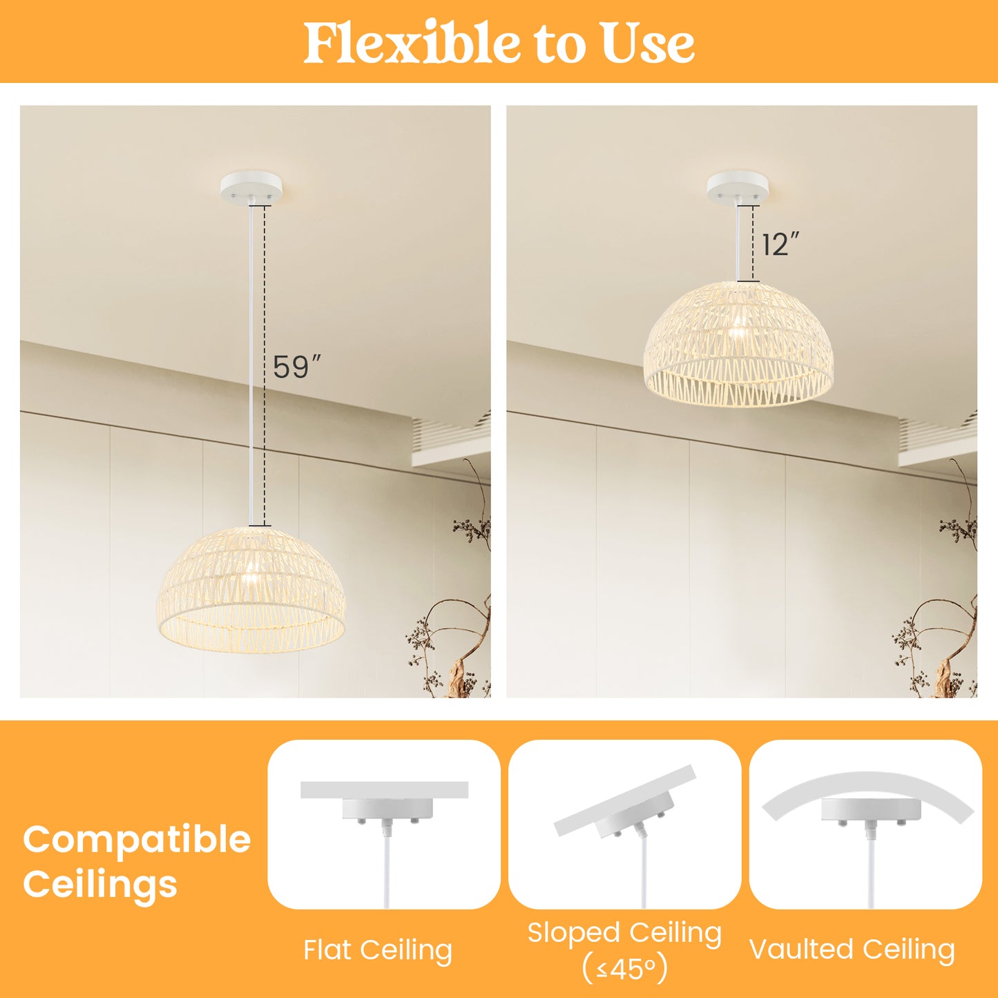 Stylish Farmhouse Rattan Pendant Light with Adjustable Rope for Versatile Spaces