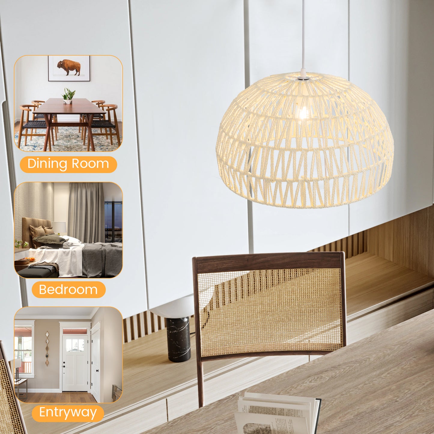 Stylish Farmhouse Rattan Pendant Light with Adjustable Rope for Versatile Spaces