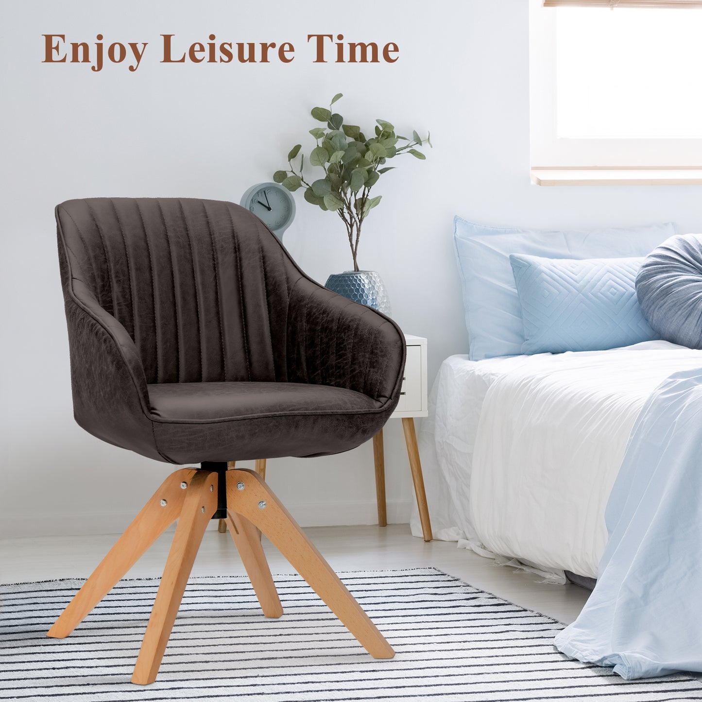 Modern Mid-Century Swivel Chair with PU Leather and Wooden Base