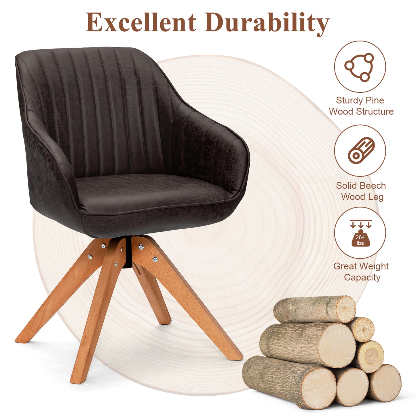 Modern Mid-Century Swivel Chair with PU Leather and Wooden Base