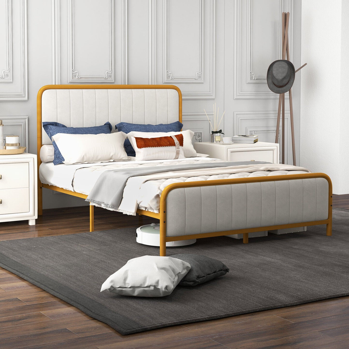 Premium Gold Upholstered Platform Bed Frame with Luxurious Velvet Headboard – Full Size