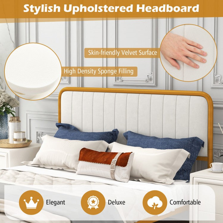 Premium Gold Upholstered Platform Bed Frame with Luxurious Velvet Headboard – Full Size