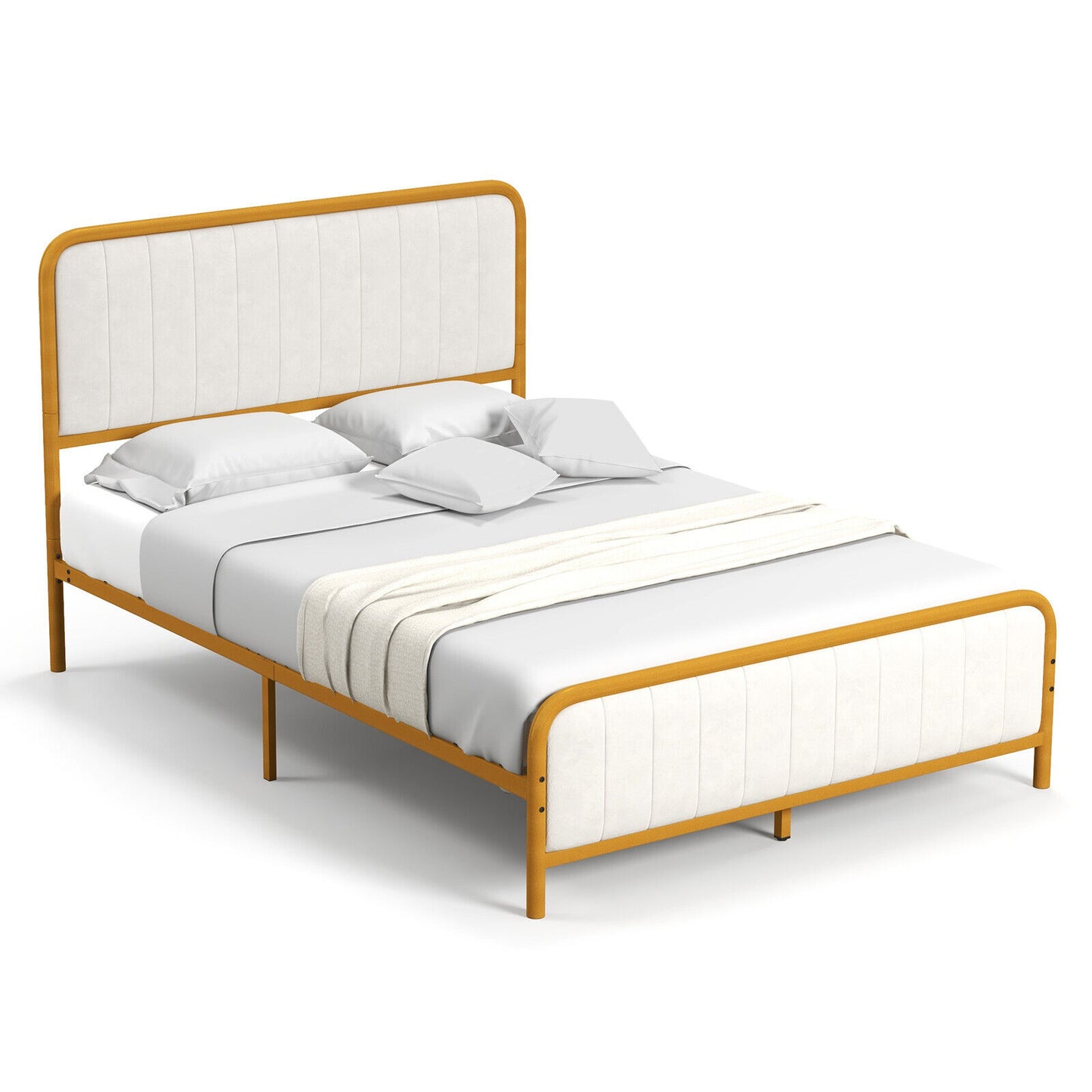 Premium Gold Upholstered Platform Bed Frame with Luxurious Velvet Headboard – Full Size