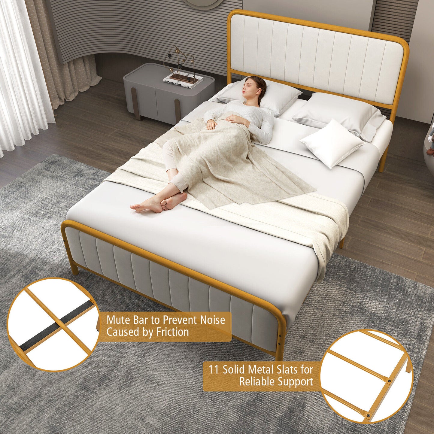 Premium Gold Upholstered Platform Bed Frame with Luxurious Velvet Headboard – Full Size
