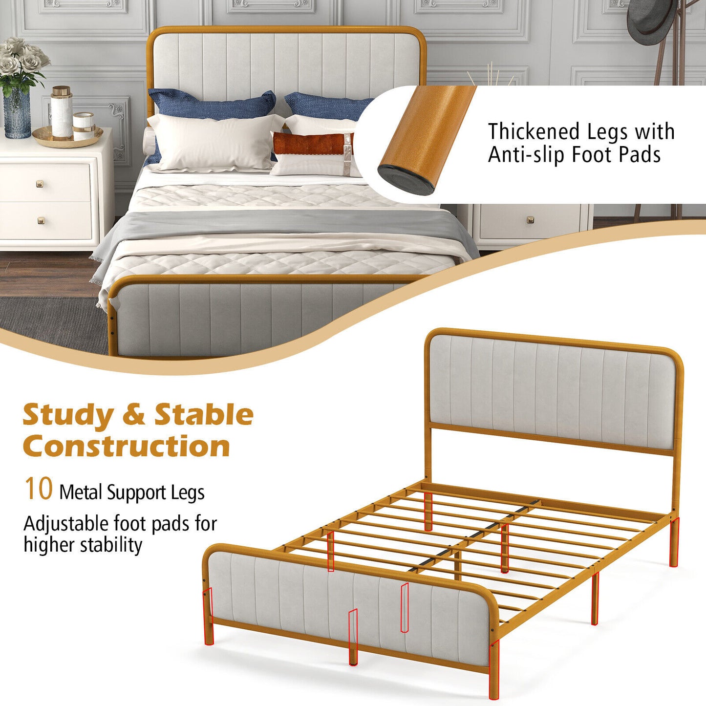 Premium Gold Upholstered Platform Bed Frame with Luxurious Velvet Headboard – Full Size