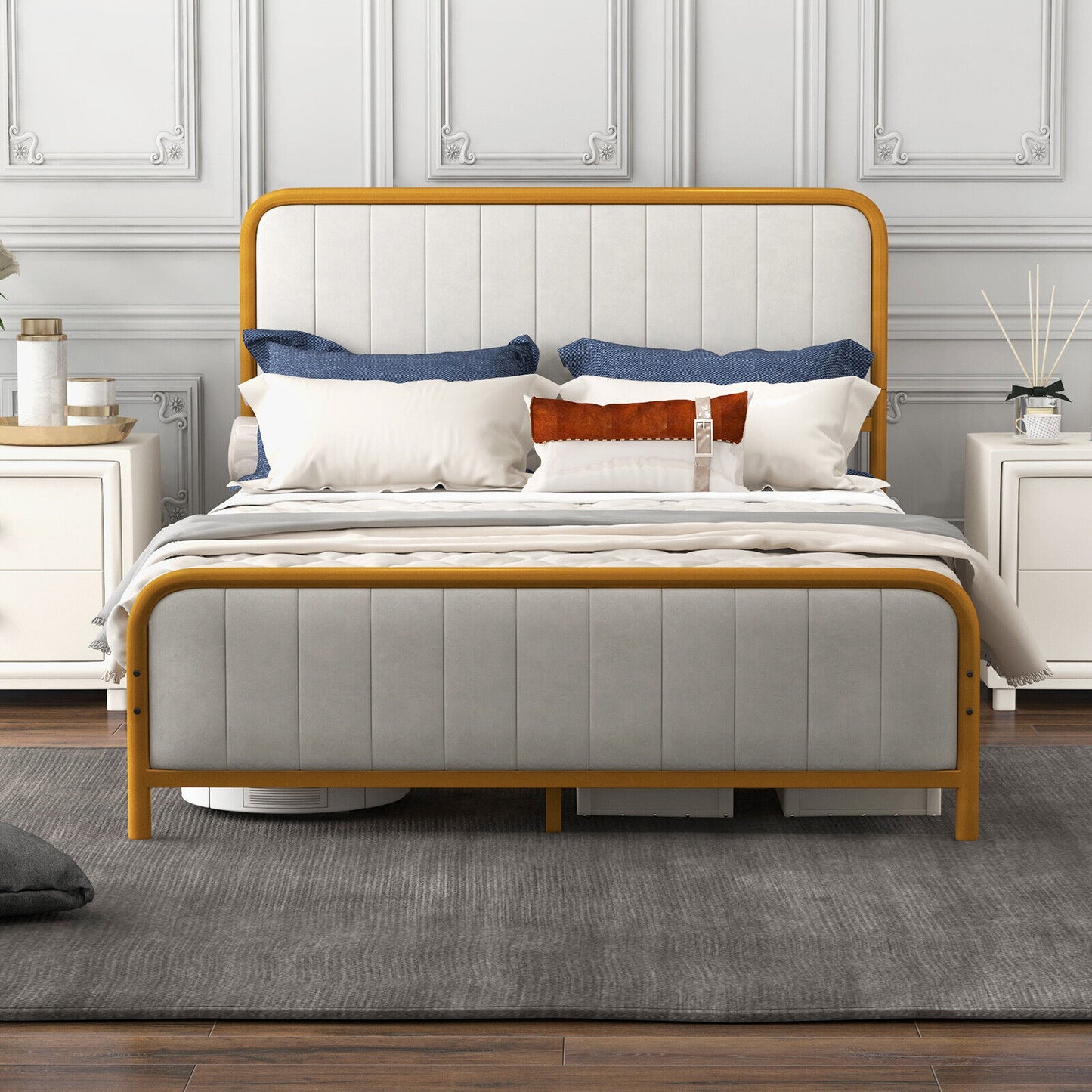 Premium Gold Upholstered Platform Bed Frame with Luxurious Velvet Headboard – Full Size