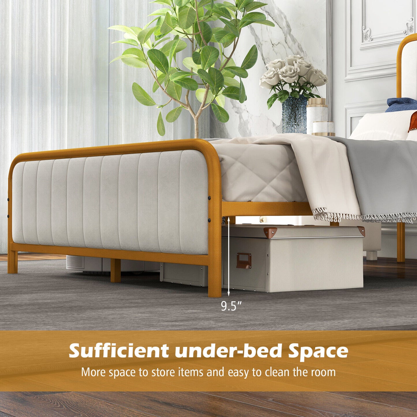 Premium Gold Upholstered Platform Bed Frame with Luxurious Velvet Headboard – Full Size
