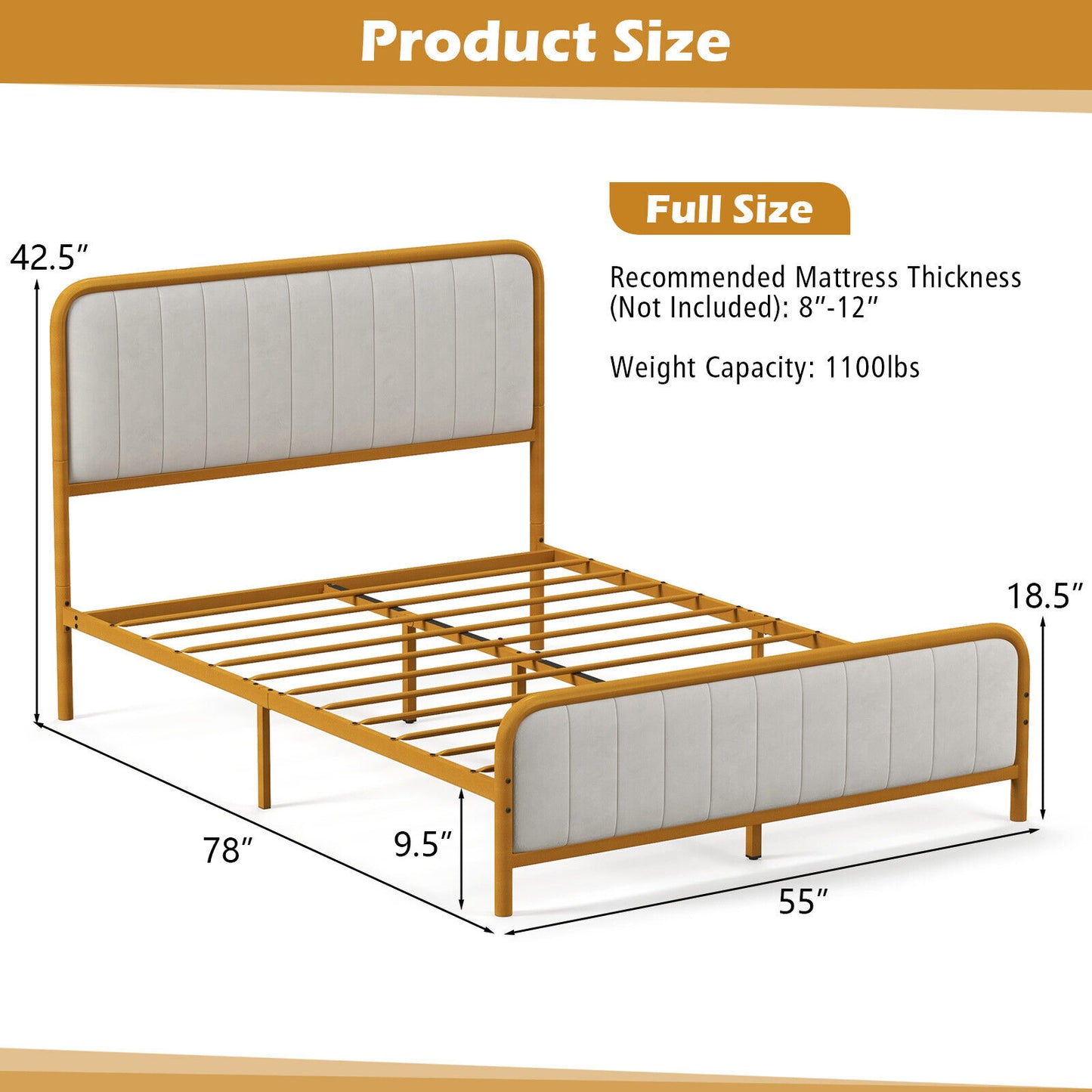 Premium Gold Upholstered Platform Bed Frame with Luxurious Velvet Headboard – Full Size