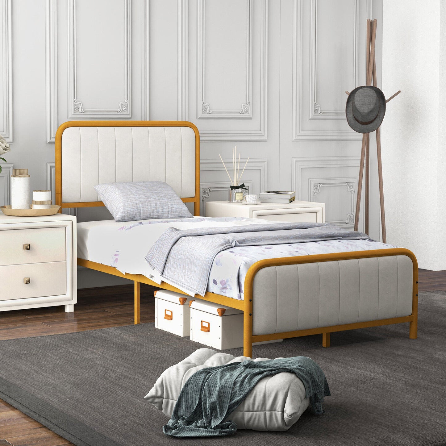 Premium Gold Upholstered Platform Bed Frame with Luxurious Velvet Headboard – Twin Size