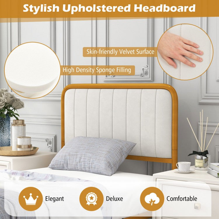 Premium Gold Upholstered Platform Bed Frame with Luxurious Velvet Headboard – Twin Size