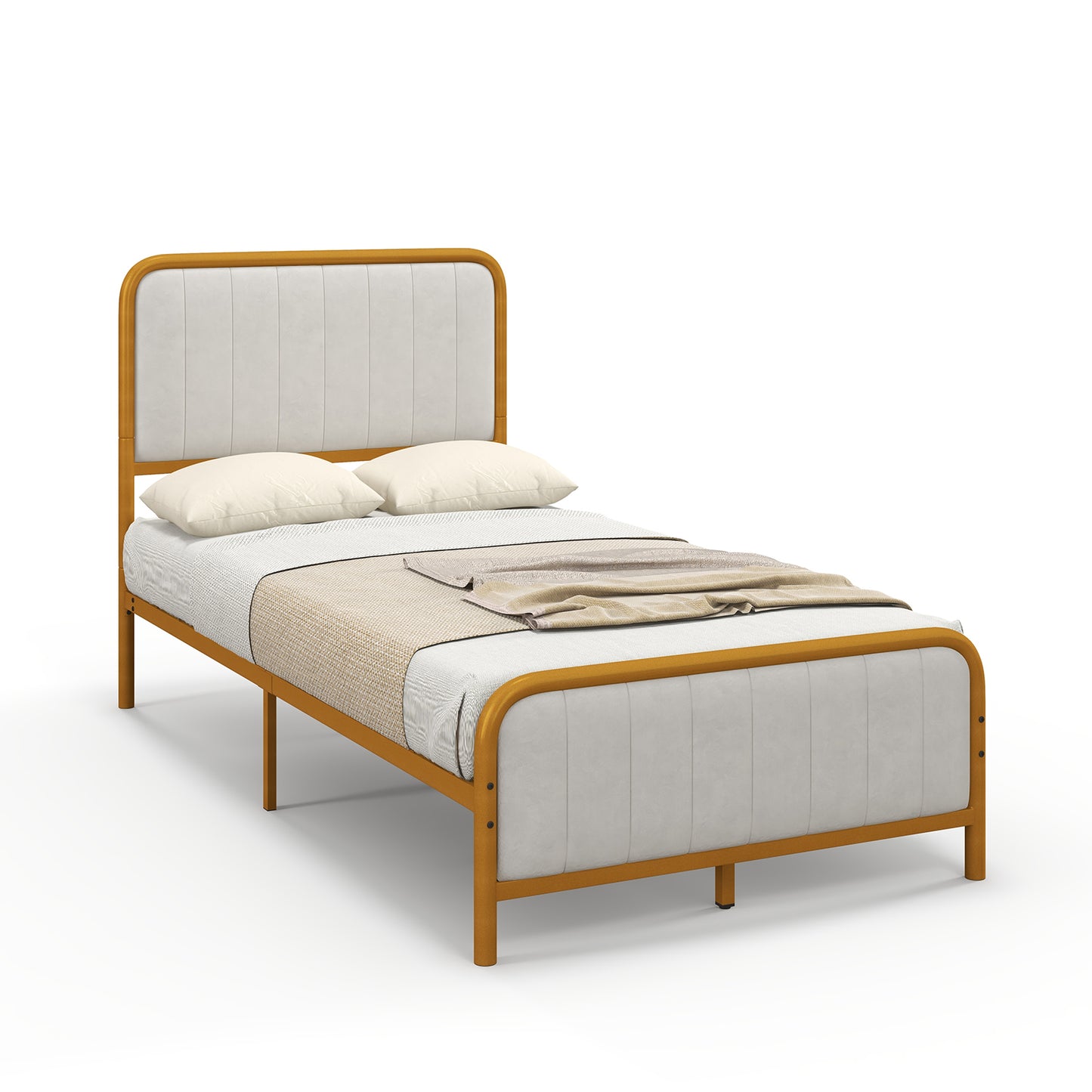 Premium Gold Upholstered Platform Bed Frame with Luxurious Velvet Headboard – Twin Size