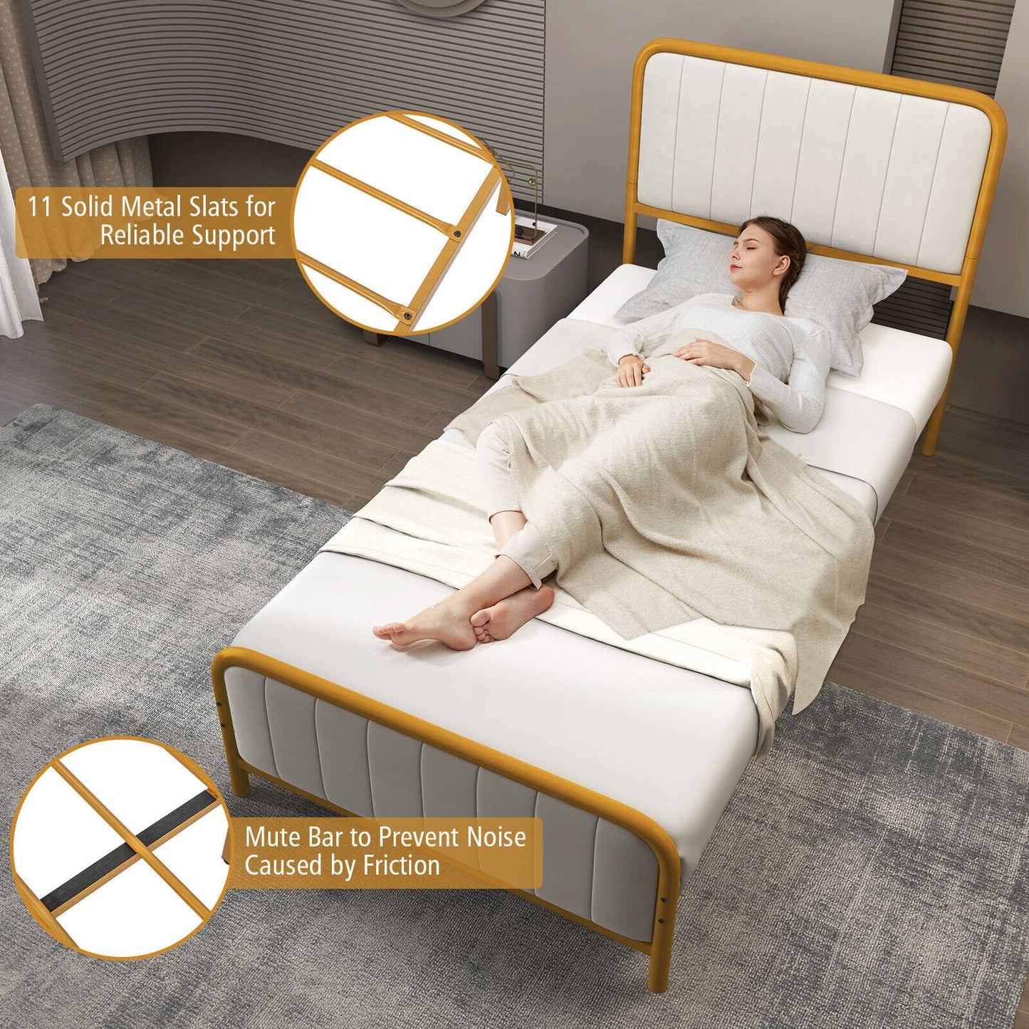 Premium Gold Upholstered Platform Bed Frame with Luxurious Velvet Headboard – Twin Size