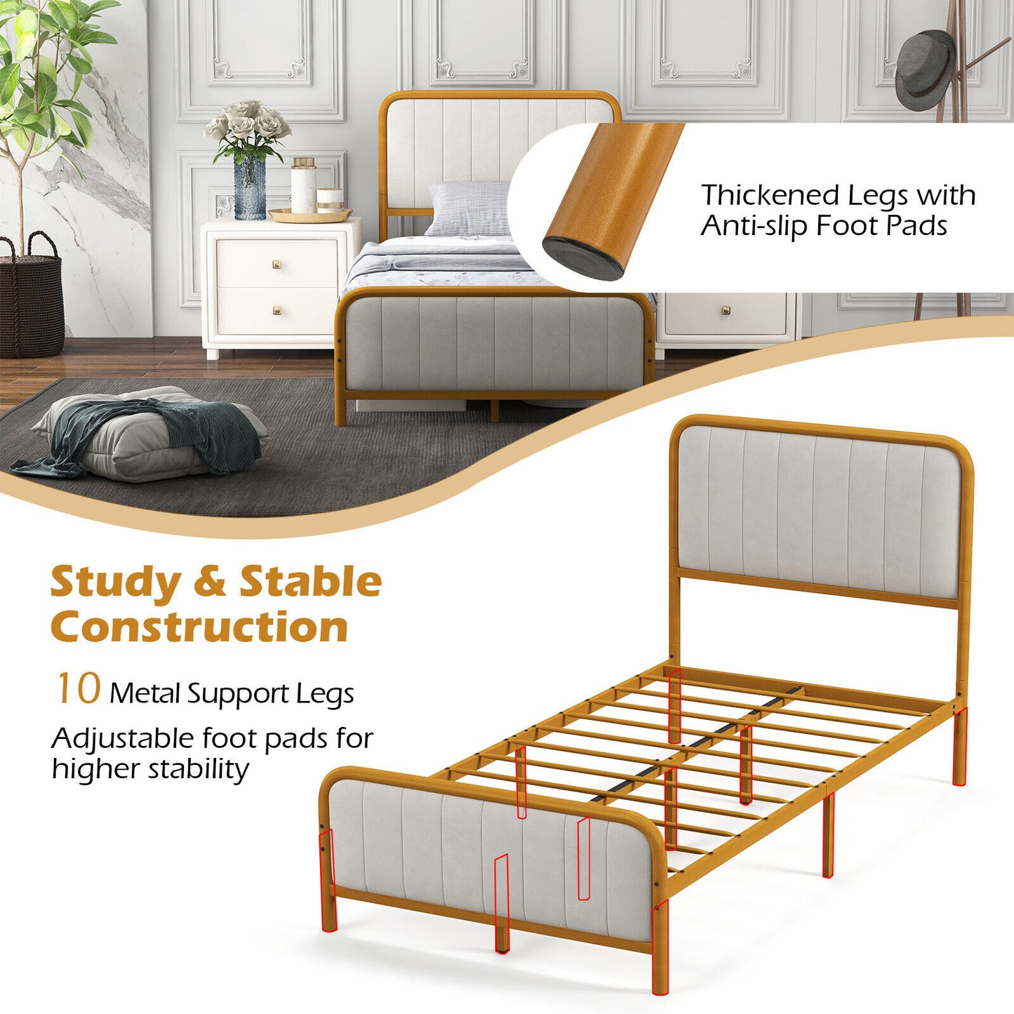 Premium Gold Upholstered Platform Bed Frame with Luxurious Velvet Headboard – Twin Size