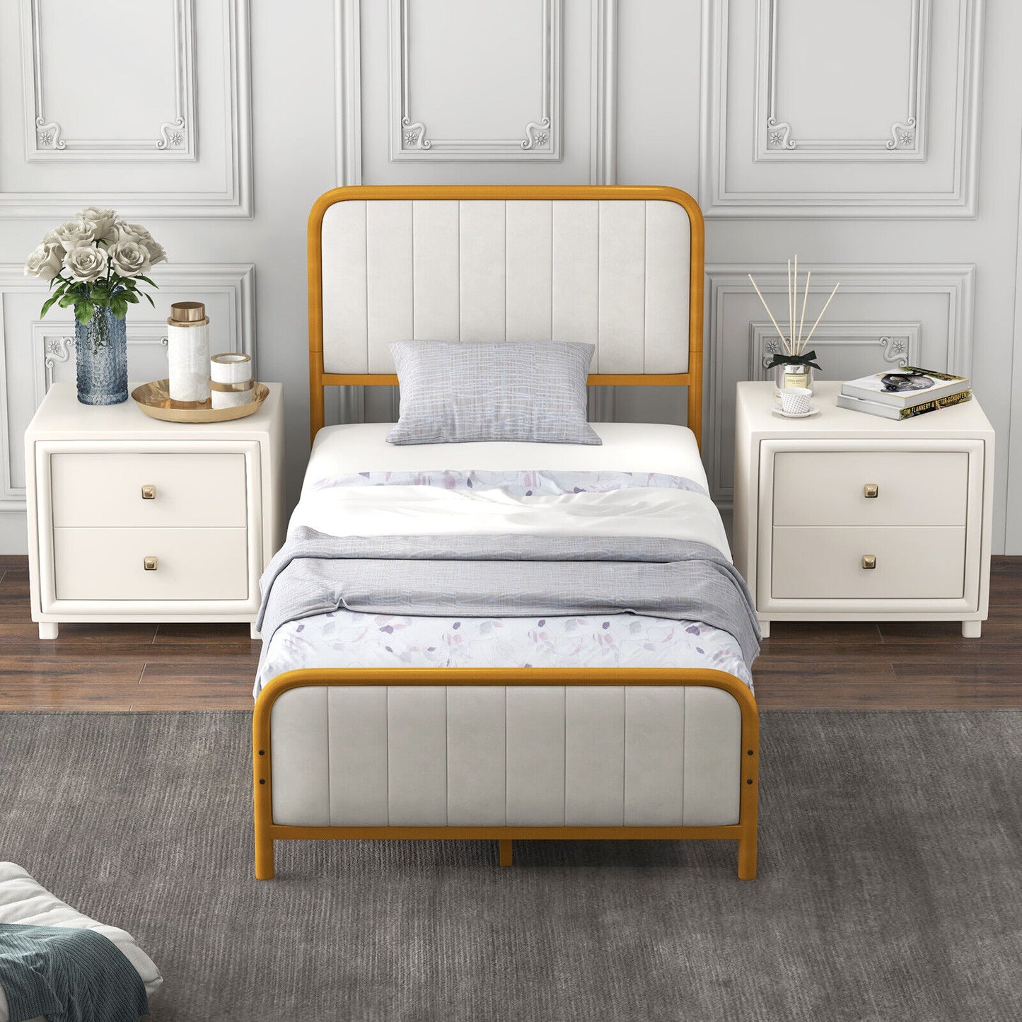 Premium Gold Upholstered Platform Bed Frame with Luxurious Velvet Headboard – Twin Size