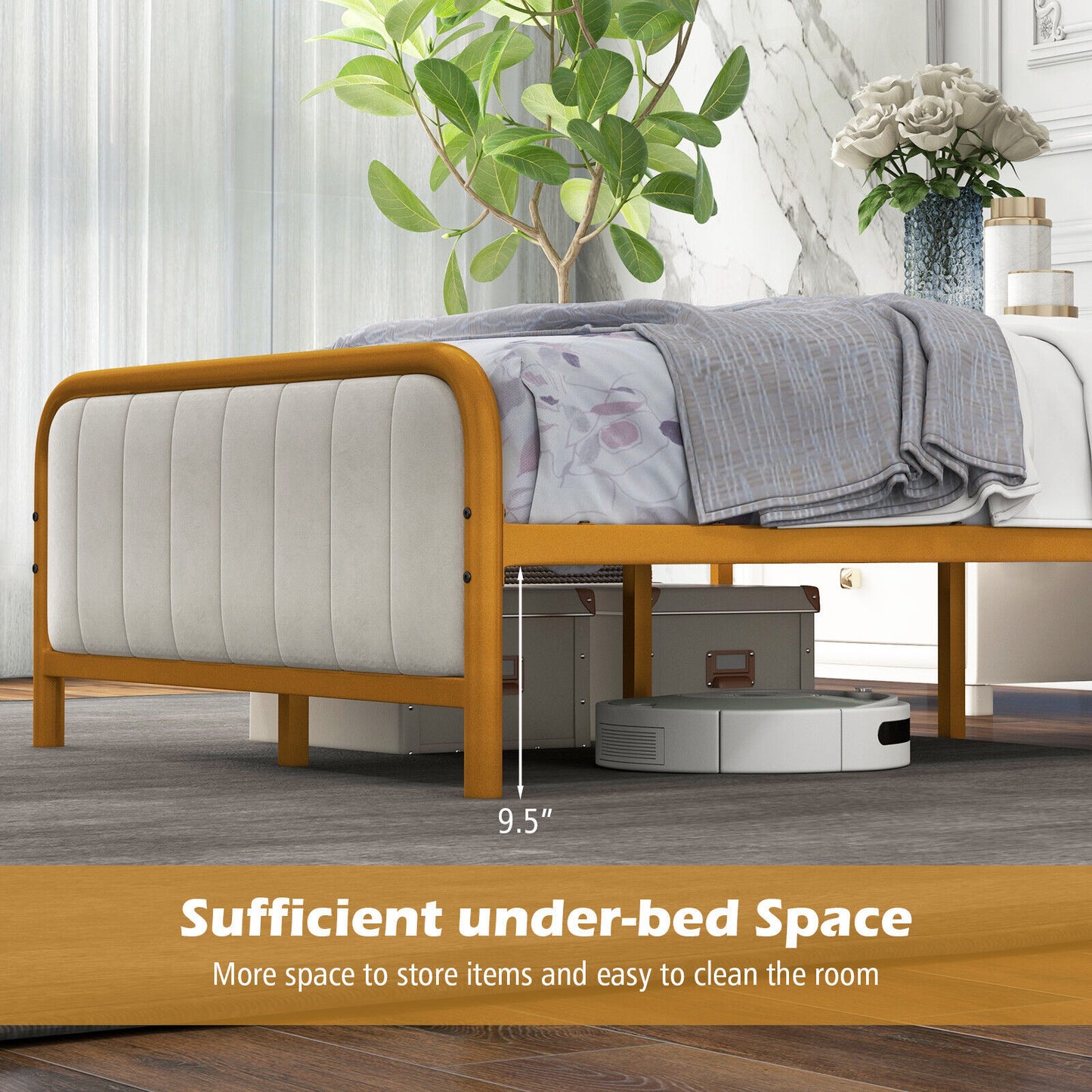 Premium Gold Upholstered Platform Bed Frame with Luxurious Velvet Headboard – Twin Size