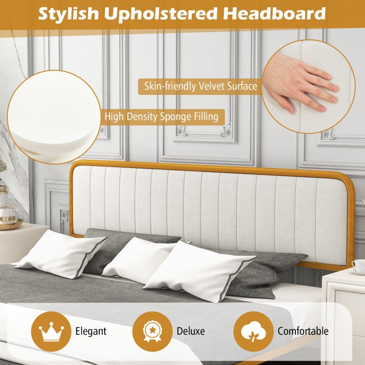 Premium Gold Upholstered Platform Bed Frame with Luxurious Velvet Headboard – King Size