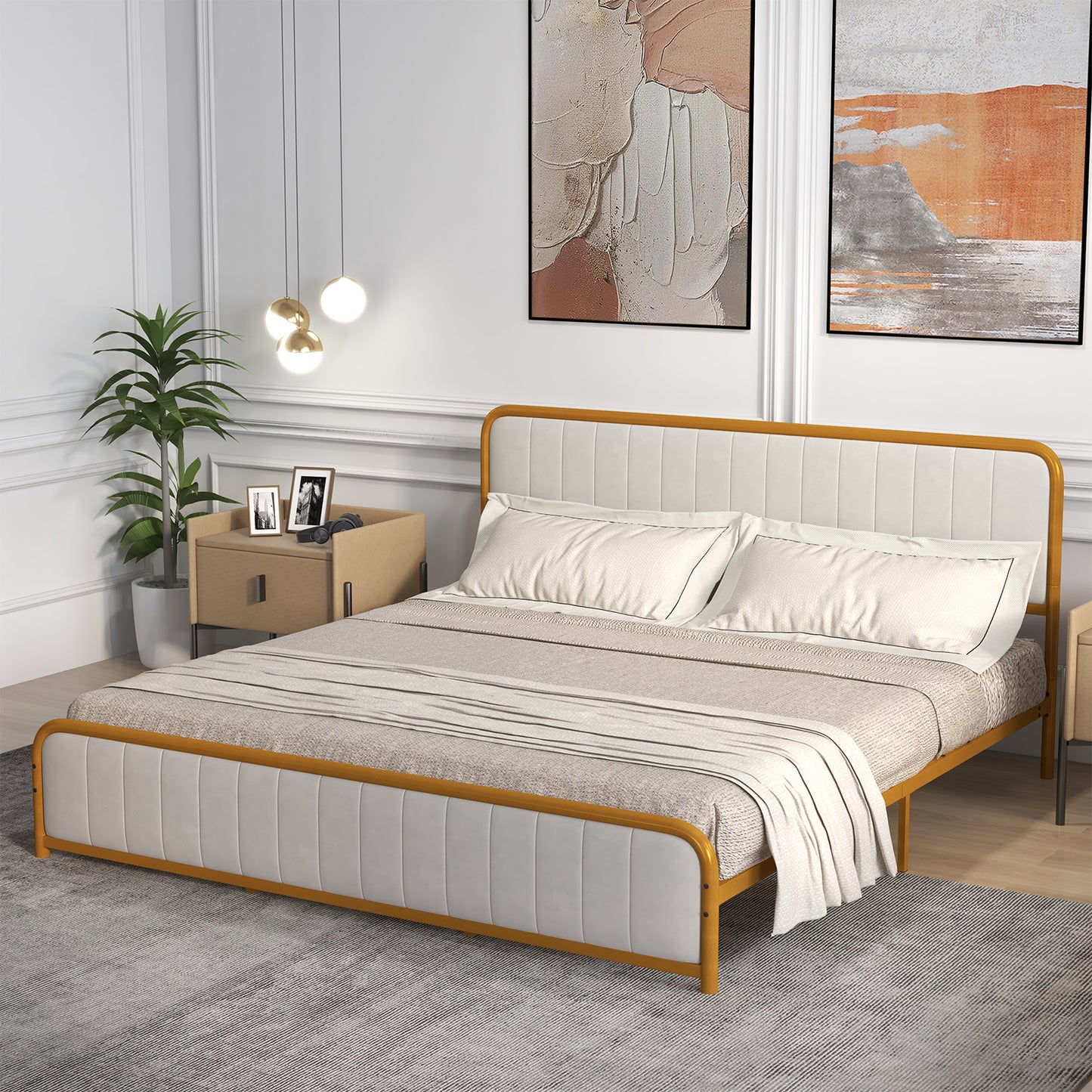 Premium Gold Upholstered Platform Bed Frame with Luxurious Velvet Headboard – King Size