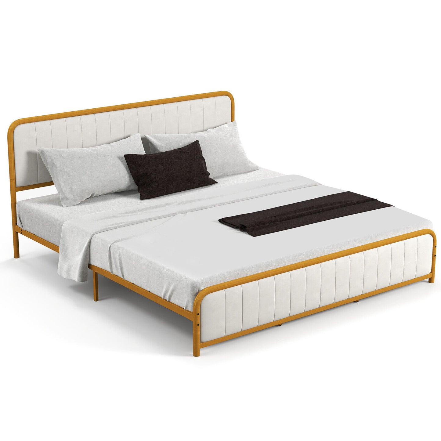Premium Gold Upholstered Platform Bed Frame with Luxurious Velvet Headboard – King Size